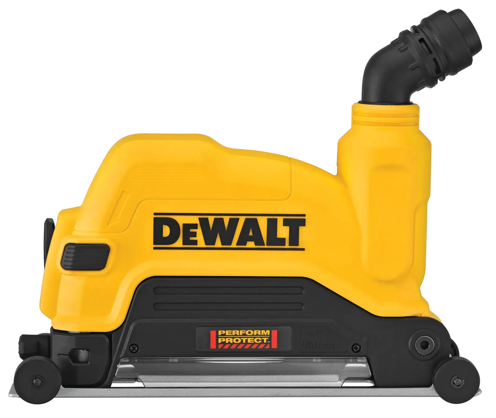 A DEWALT branded industrial tool in yellow and black, featuring a dust extraction nozzle and 'Perform Protect' label on the base. The tool has a compact design and is used for cutting or grinding applications.