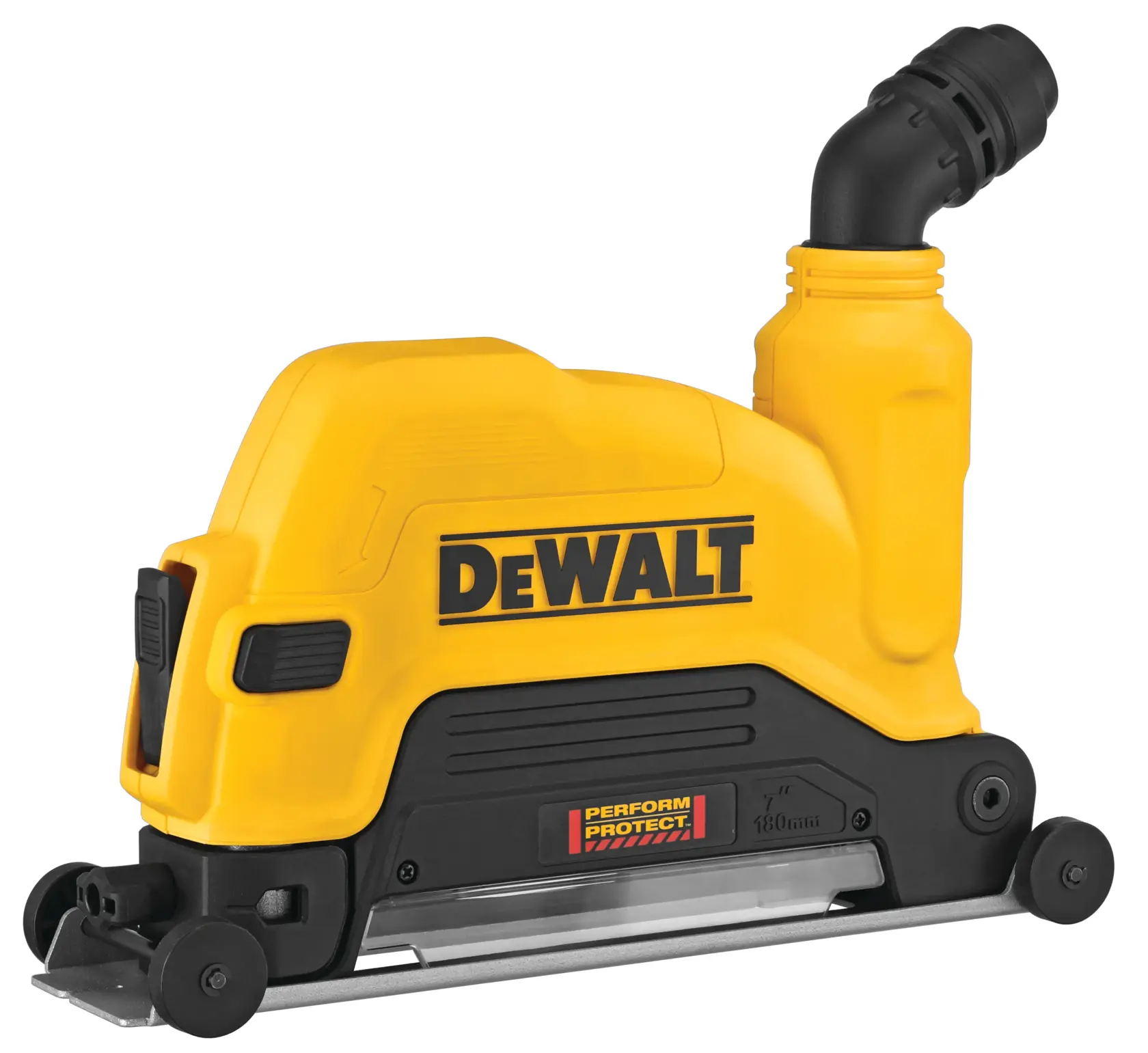A yellow and black DEWALT power tool dust shroud accessory, designed to fit over a cutting tool for dust collection and protection, with a vacuum hose attachment point.