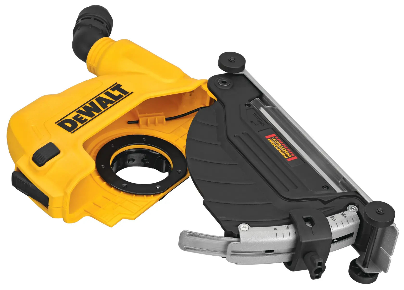 A DEWALT branded yellow and black grinder dust shroud attachment designed for surface grinding applications.