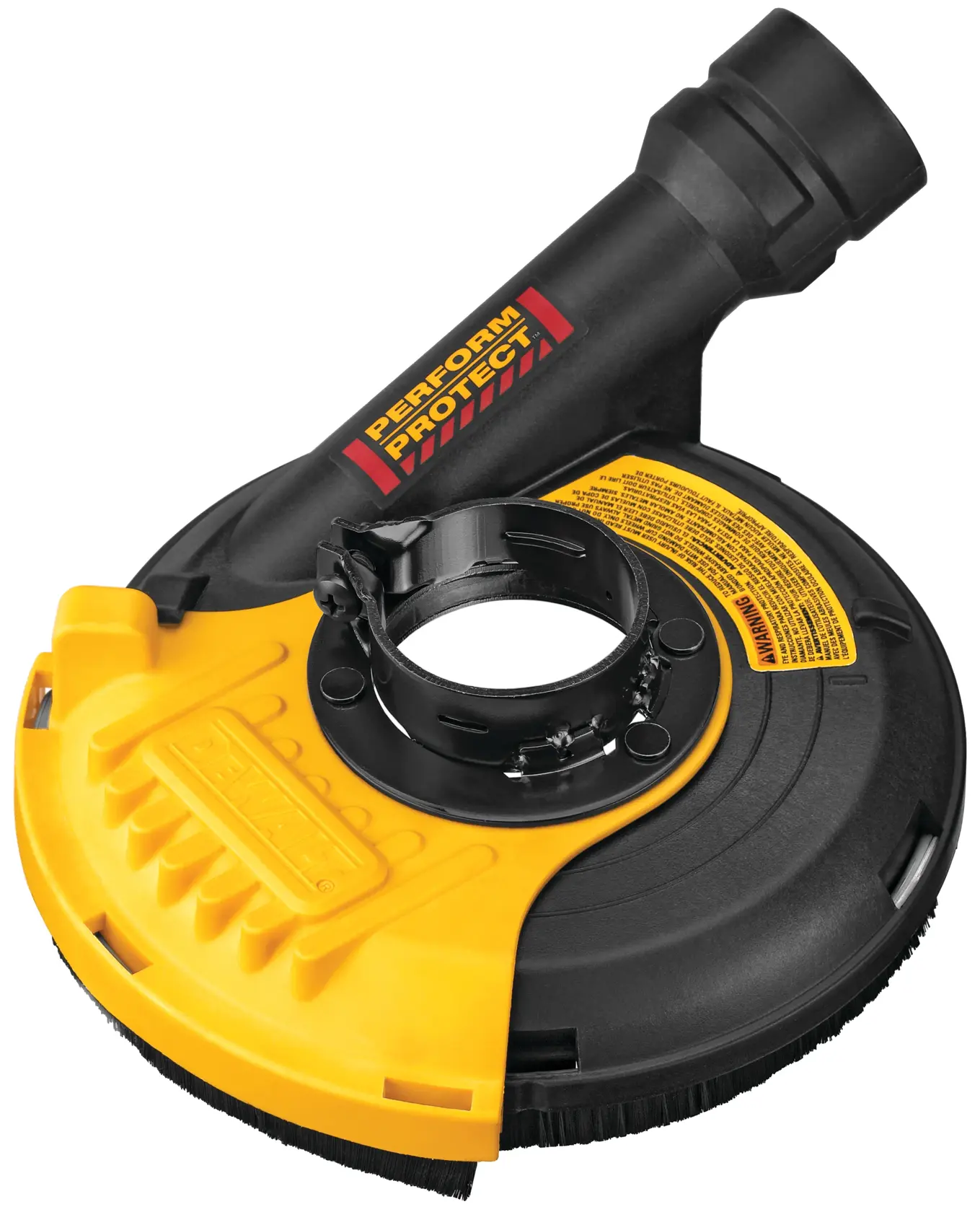 A DEWALT branded black and yellow dust shroud attachment, designed for use with angle grinders to capture dust during grinding applications.