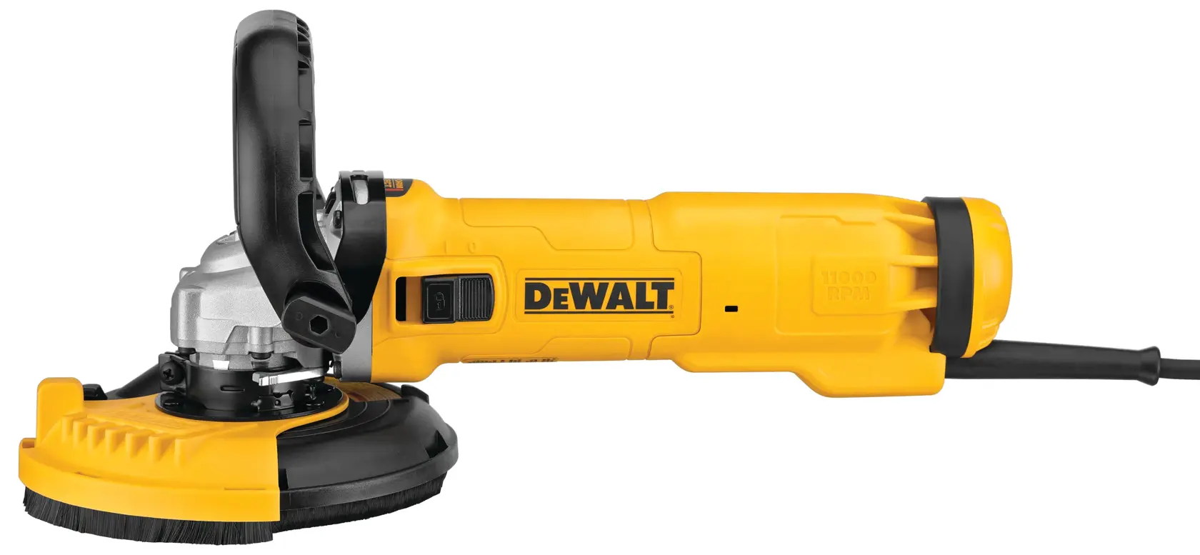 A yellow and black DEWALT power tool, specifically an angle grinder with a dust shroud and side handle, shown against a white background.