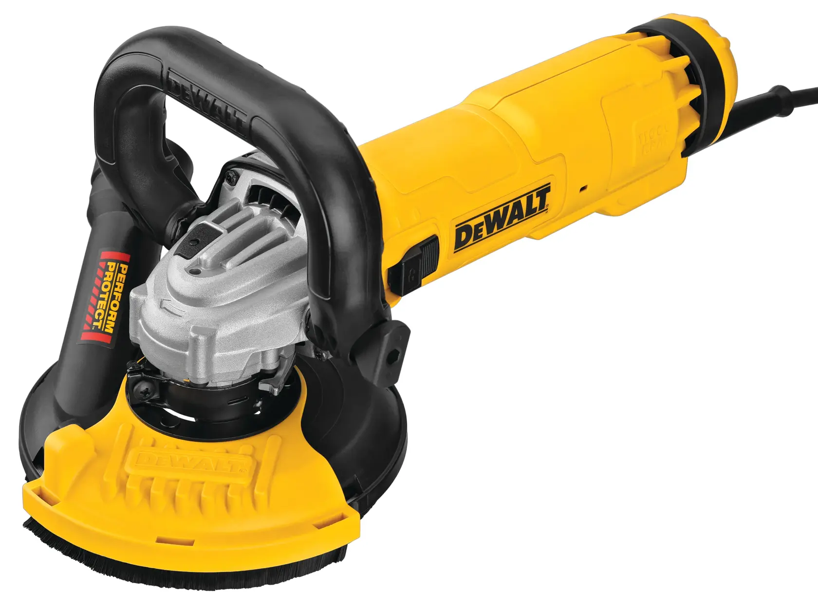 A DEWALT DWE46155 power tool, featuring a yellow and black design with a protective guard and ergonomic handle. The tool appears to be a grinder or surface preparation tool.