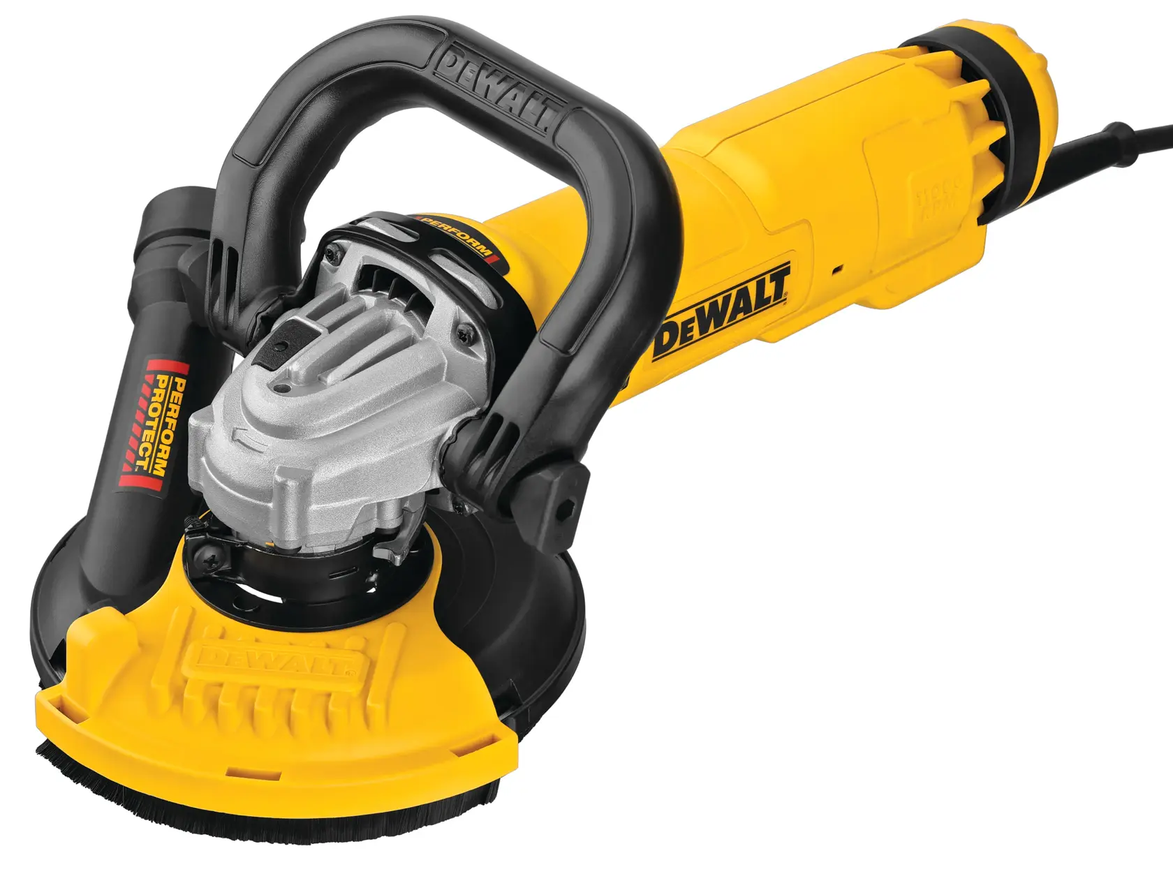 A yellow DEWALT angle grinder with a black handle and dust shroud attachment, designed for professional use.