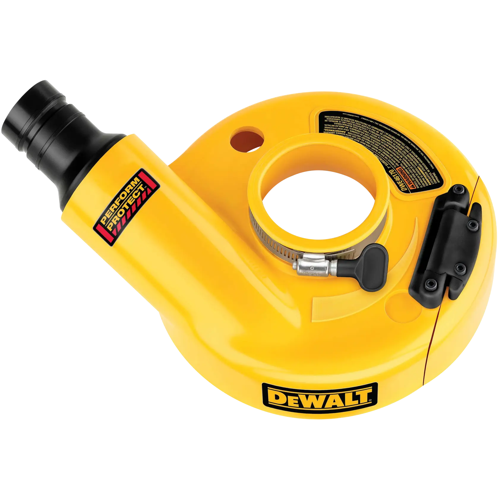 A DEWALT yellow dust shroud attachment for angle grinders, model DWE46170. The shroud features a Perform & Protect label, a round opening for fitting onto the grinder, a clamp for secure attachment, and is designed for efficient dust collection during concrete or masonry grinding.