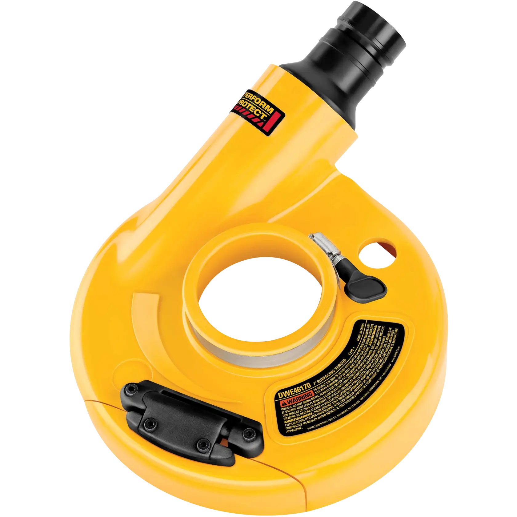 A close-up image of a DEWALT DWE46170 yellow dust shroud attachment featuring a circular design with a central opening, black nozzle, labels, and adjustment lever, used for dust collection with power tools.