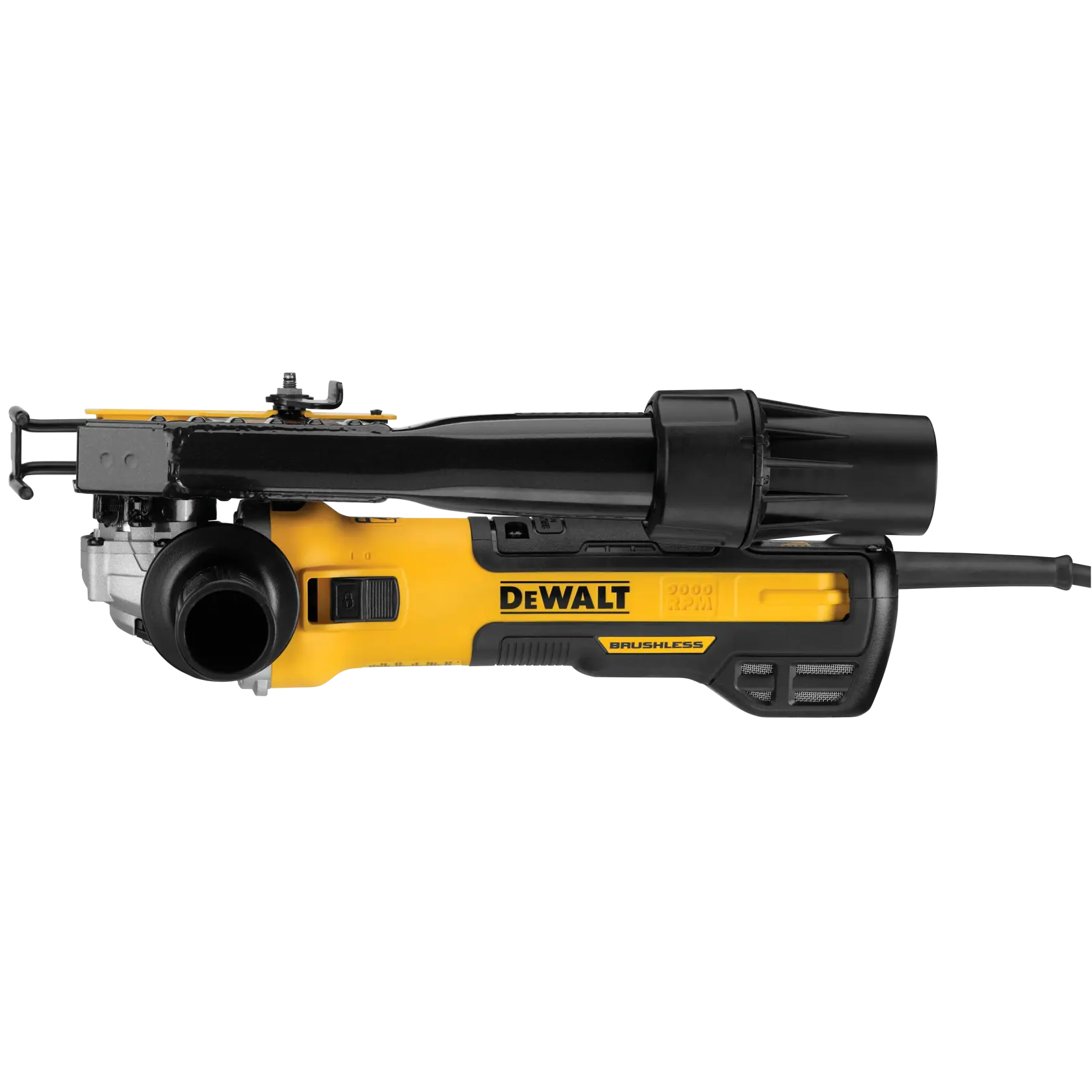 A DEWALT brushless angle grinder with a yellow and black body, shown in a side profile view. The grinder has a dust extraction attachment and is powered by a cord.