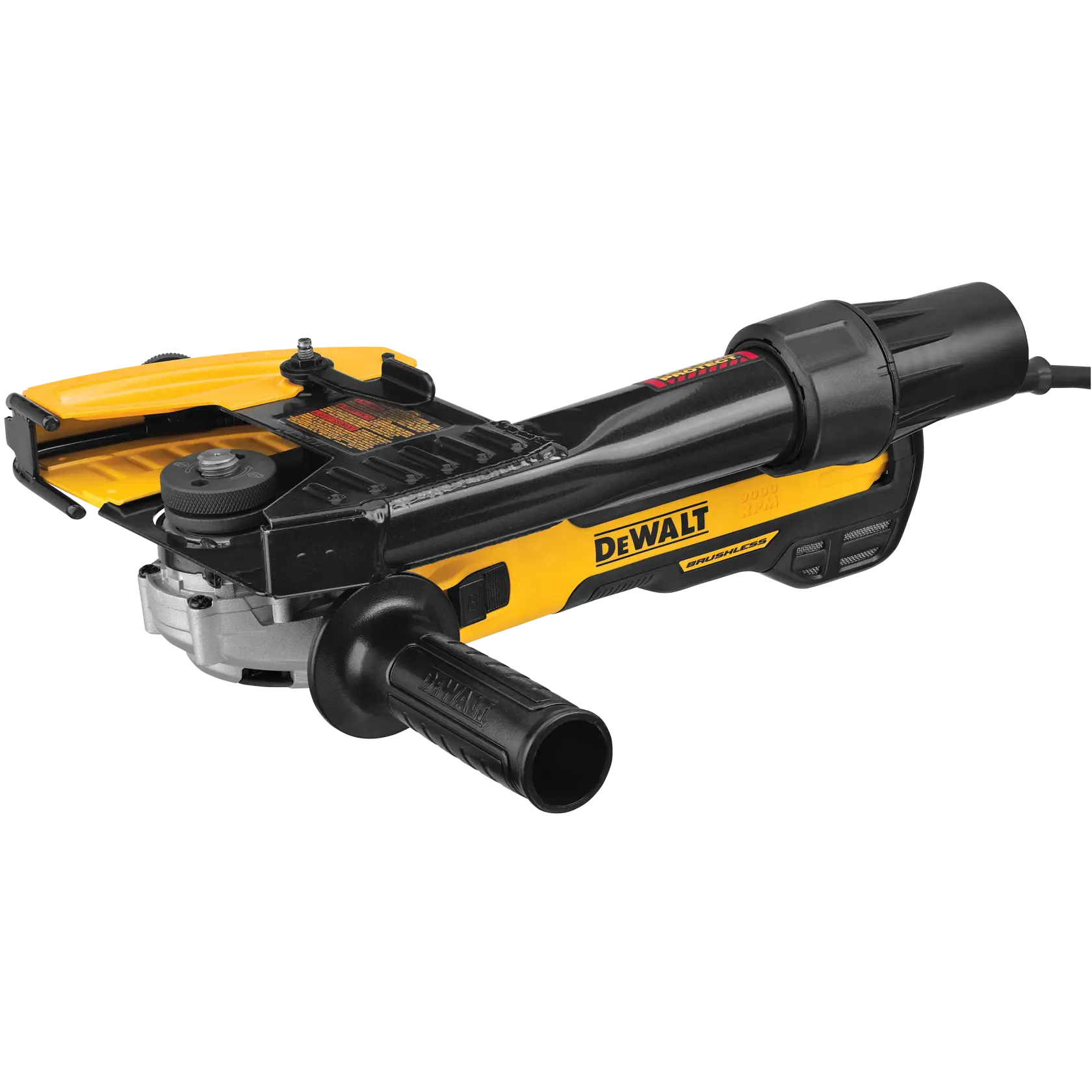 A close-up view of a DEWALT electric angle grinder with a yellow and black body, side handle, and power cord. The model has a protective guard and adjustment knobs visible on the head.