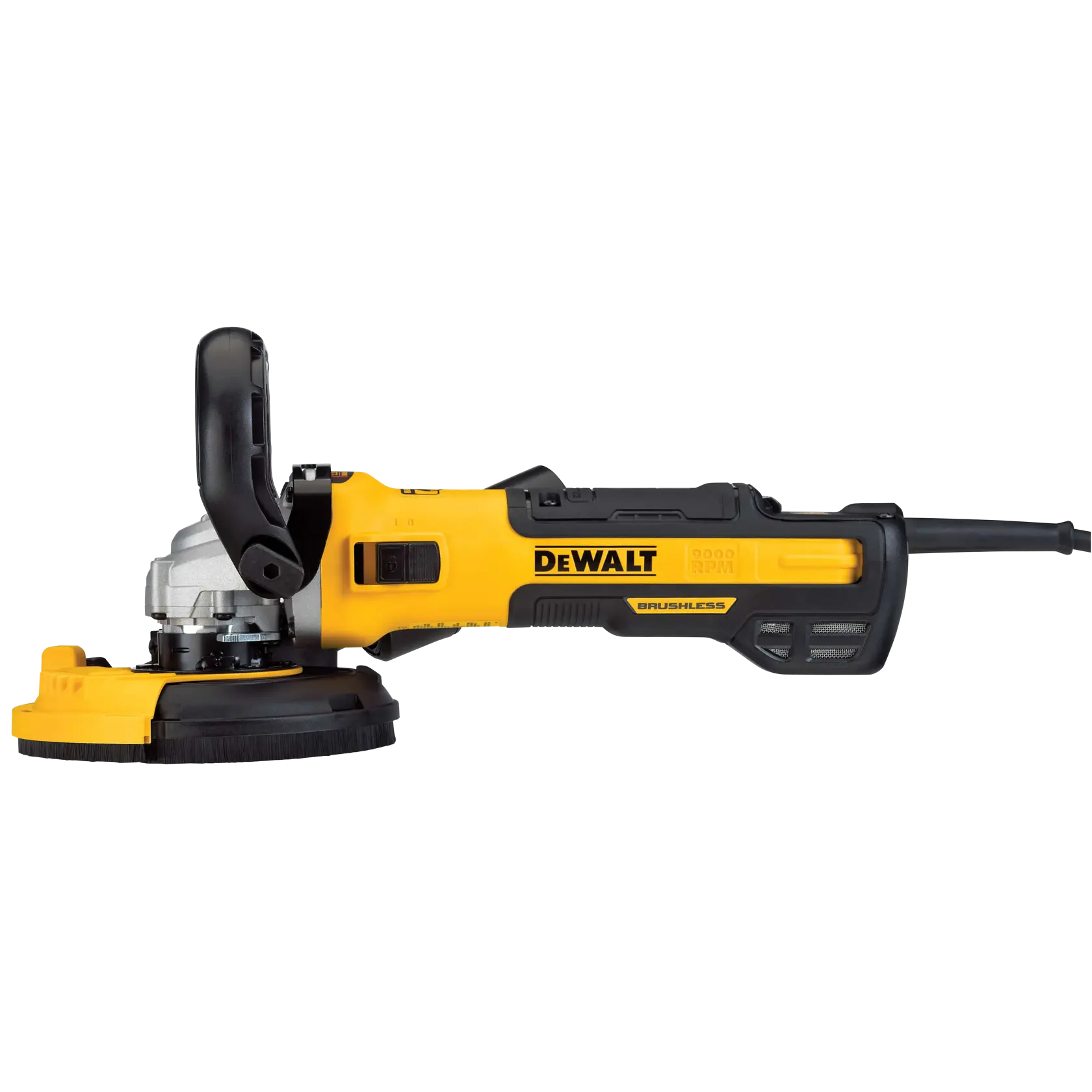 A yellow and black DEWALT brushless angle grinder with a protective guard and side handle, shown against a white background.