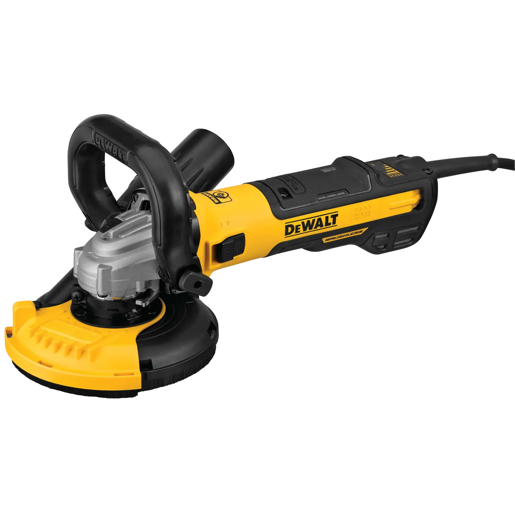 A DEWALT branded electric angle grinder with a yellow and black body, featuring a handle and a dust shroud, designed for surface preparation and grinding tasks.