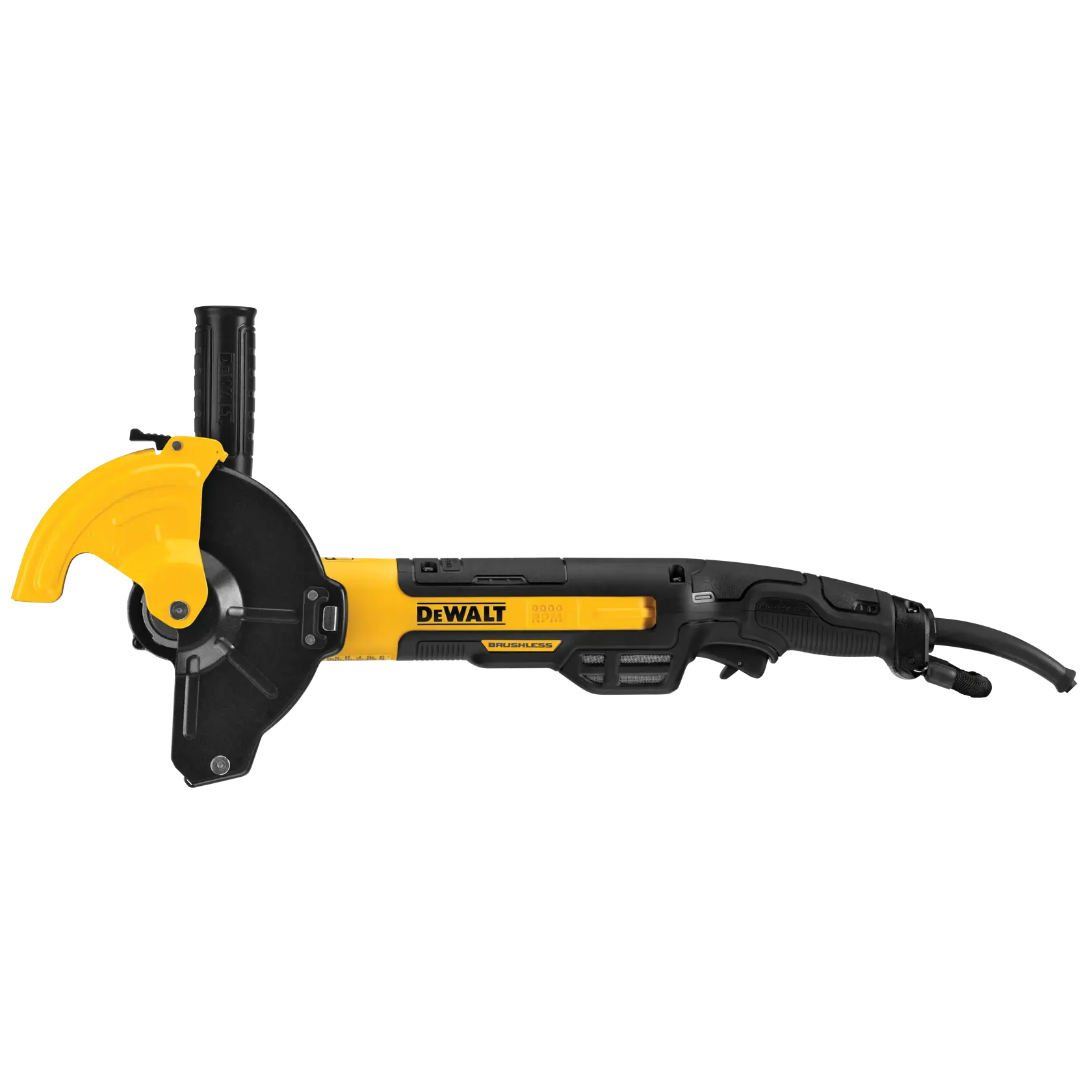 A DEWALT DWE46266N brushless angle grinder with a yellow and black body, side handle, blade guard, and power cord.
