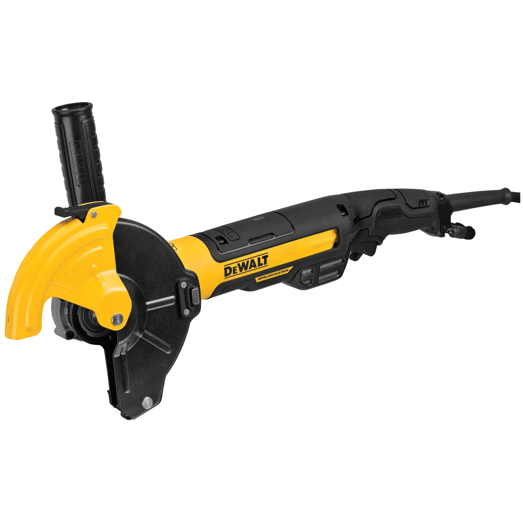 A DEWALT branded angle grinder with a yellow and black body, featuring a side handle and protective guard over the cutting disc.