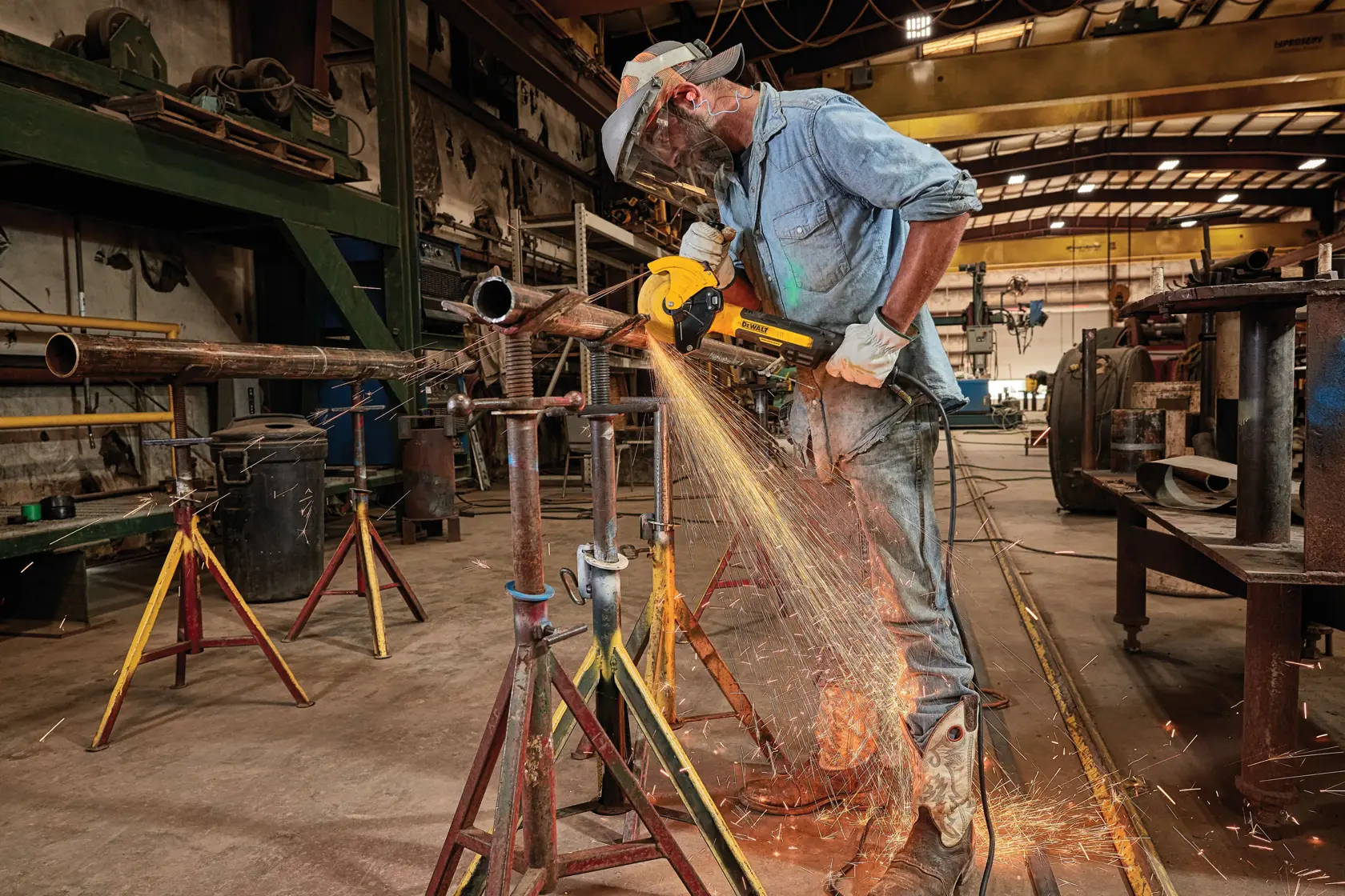 A person wearing protective gear uses a yellow DEWALT power tool to cut a metal pipe, producing sparks in an industrial workshop.