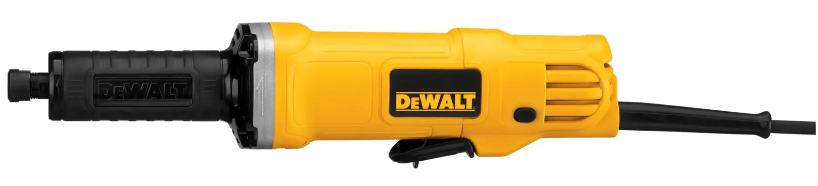 A DEWALT electric die grinder with a yellow and black body, shown from the side with its power cord extending to the right.