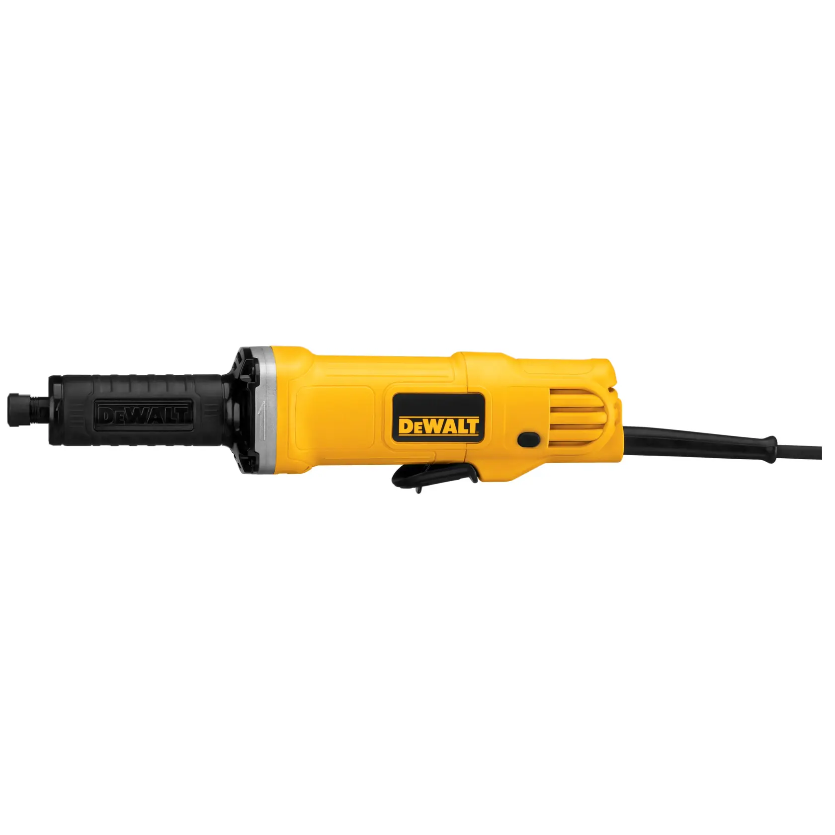 A DEWALT DWE4887 electric die grinder with a yellow and black body, shown in a side view against a white background.