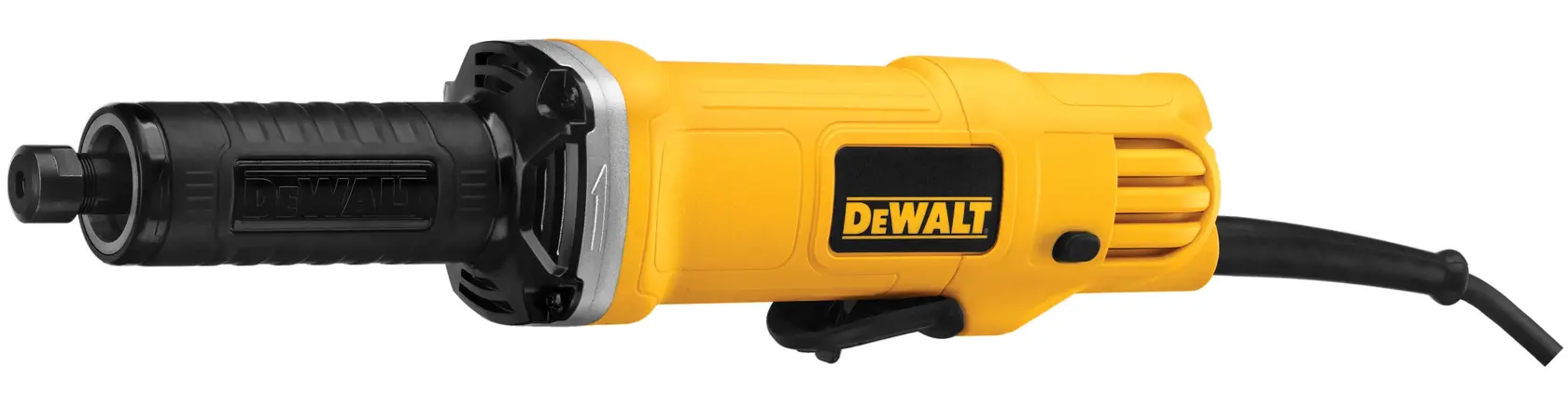 A DEWALT DWE4887 electric die grinder with a yellow and black body, featuring a power cord and a cylindrical grinding head.