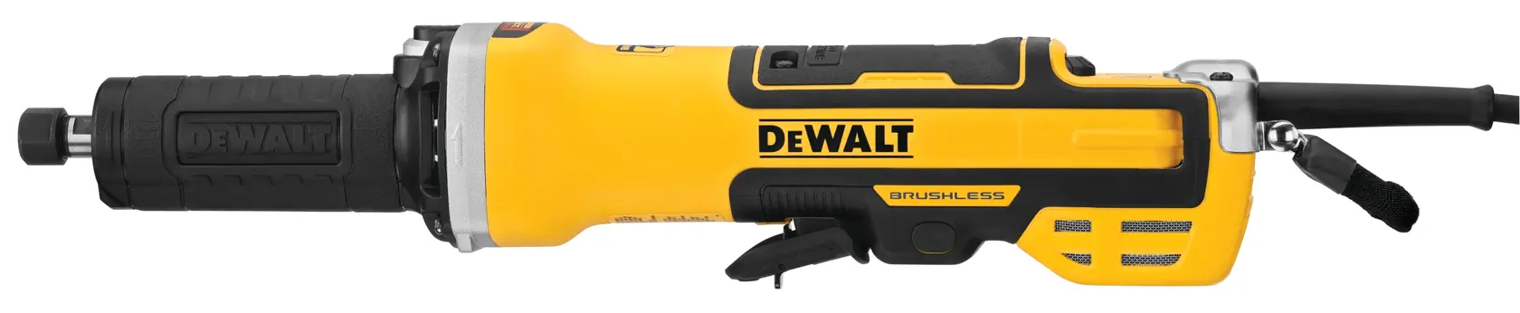 A DEWALT brushless electric die grinder with a yellow and black body and a corded power connection.
