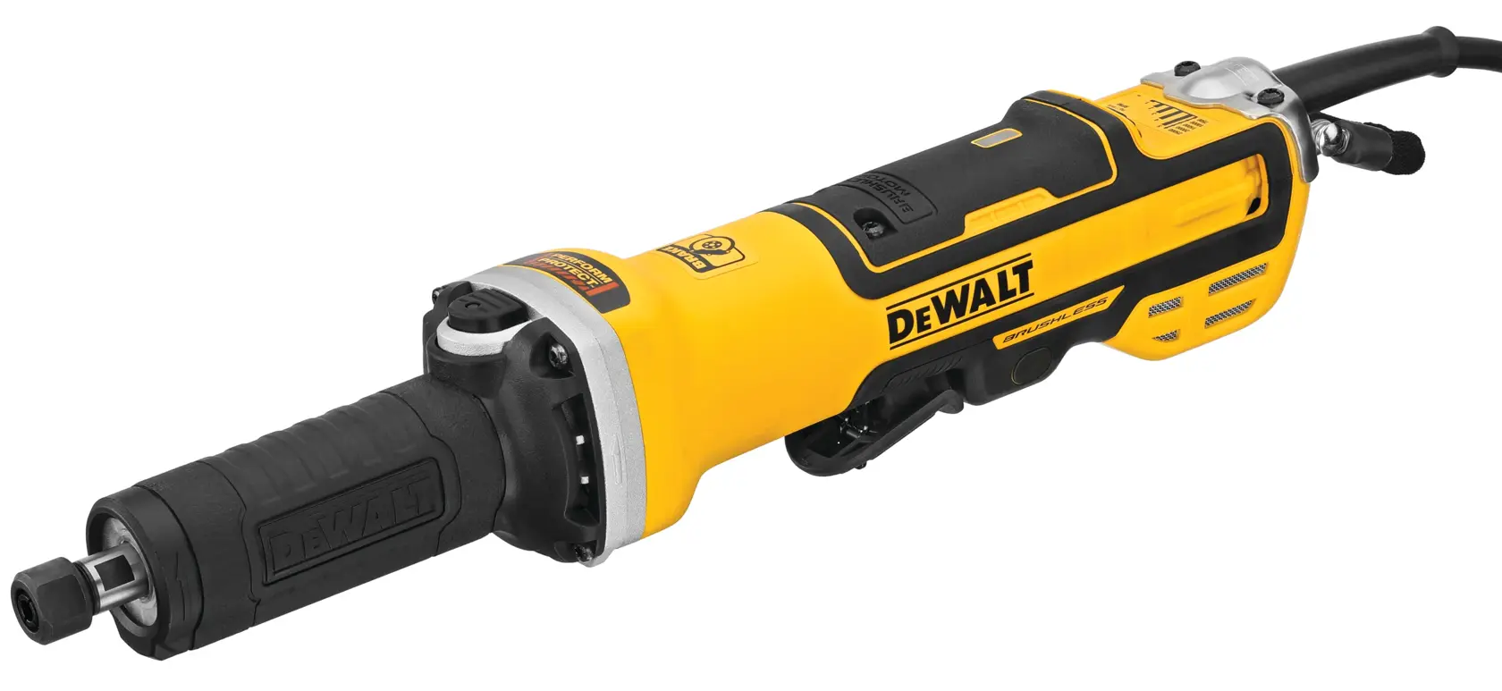A yellow and black DEWALT electric die grinder tool with a cord attached, designed for grinding, polishing, and finishing tasks. The tool features a cylindrical body with ergonomic grip and ventilation slots.