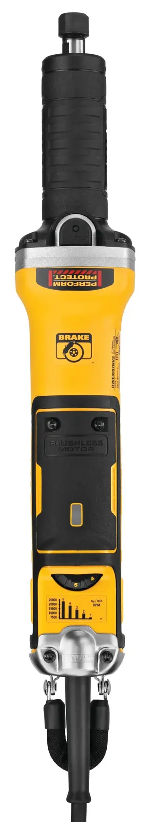 A yellow and black DEWALT power tool, specifically a straight grinder, shown vertically with a cord attached at the bottom. The tool features a rubberized grip at the top and multiple control buttons and indicator labels on the body.
