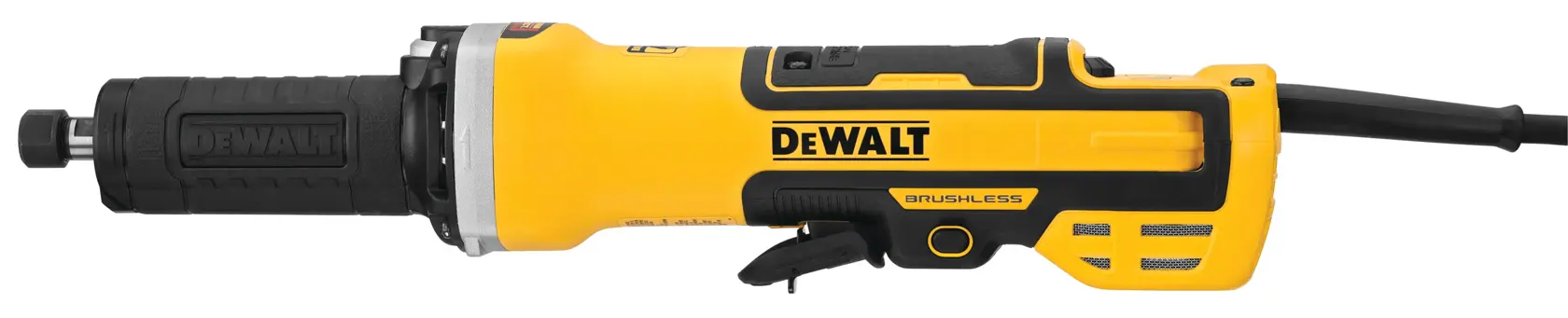 A DEWALT electric die grinder with a yellow and black body, corded design, brushless motor, and ergonomic grip, shown against a white background.