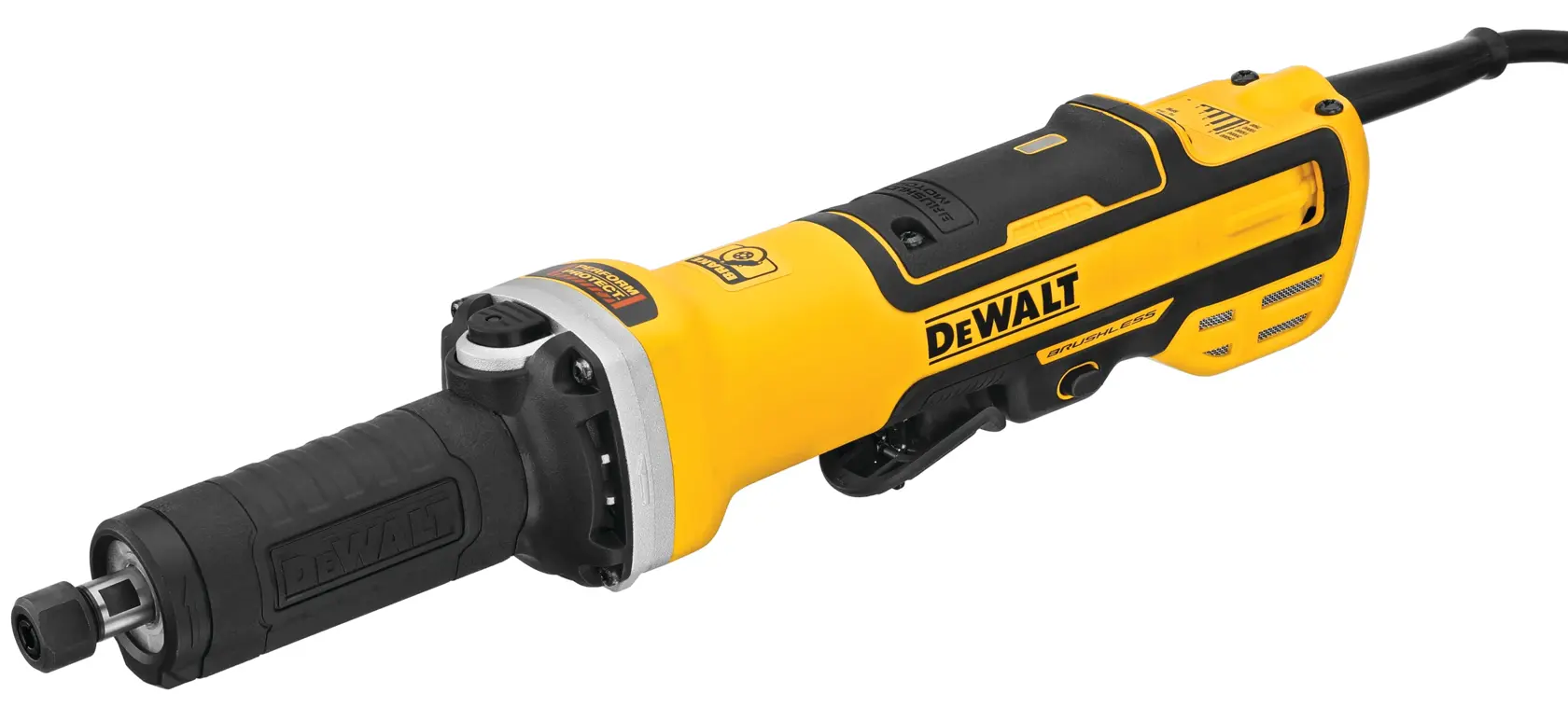 A DEWALT electric die grinder with a yellow and black casing, viewed from a side angle against a white background.