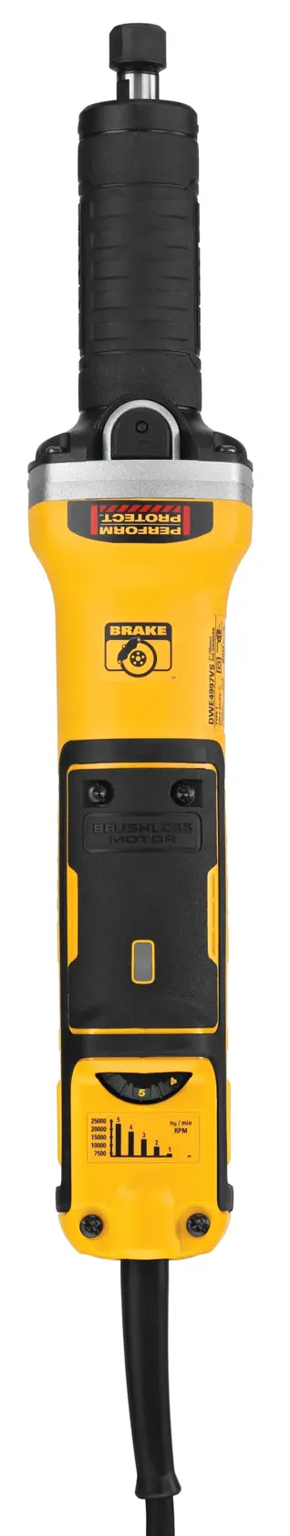A yellow and black DEWALT electric die grinder with a brushless motor, shown vertically against a white background.