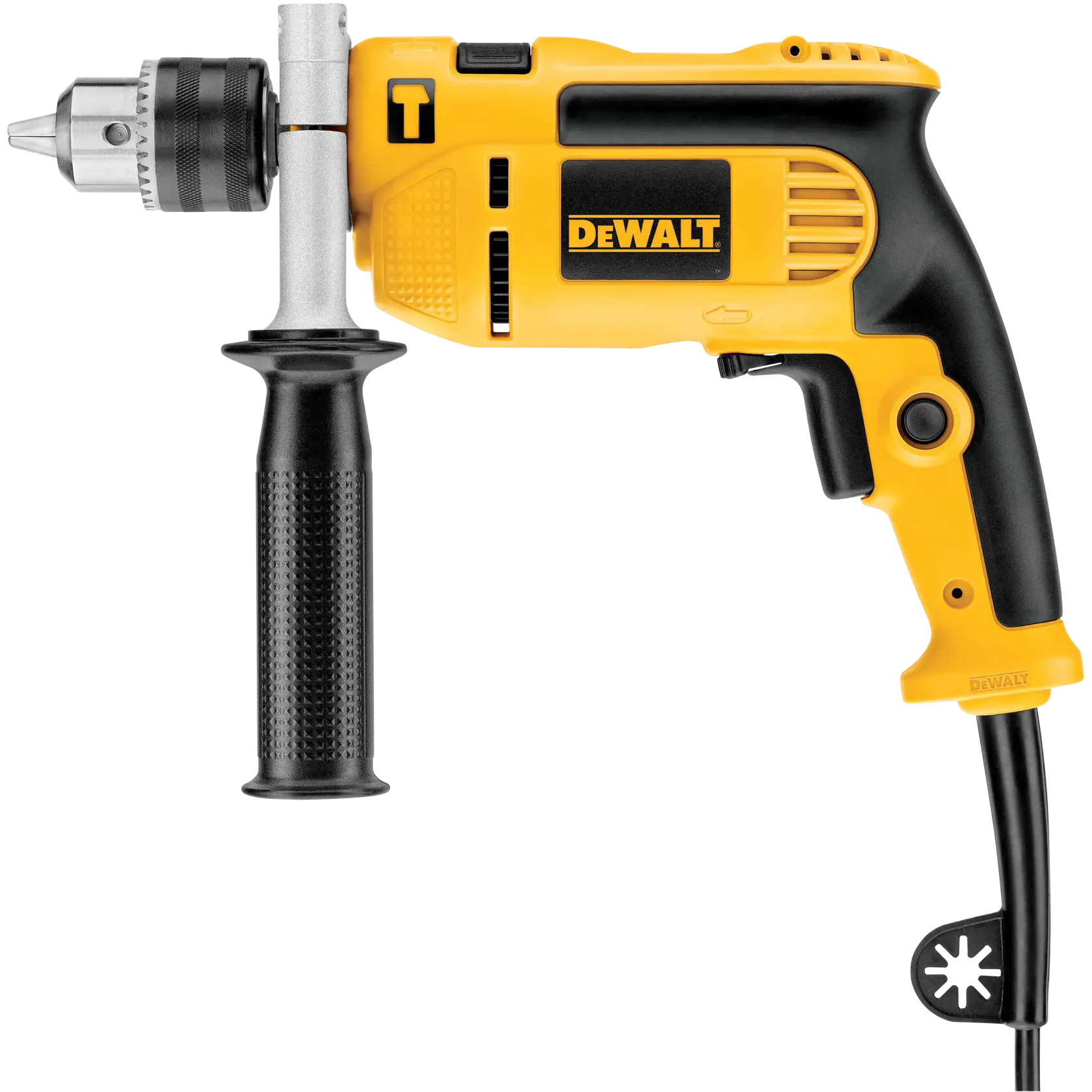 A yellow and black DEWALT corded electric drill with side handle and trigger grip, shown from the side.