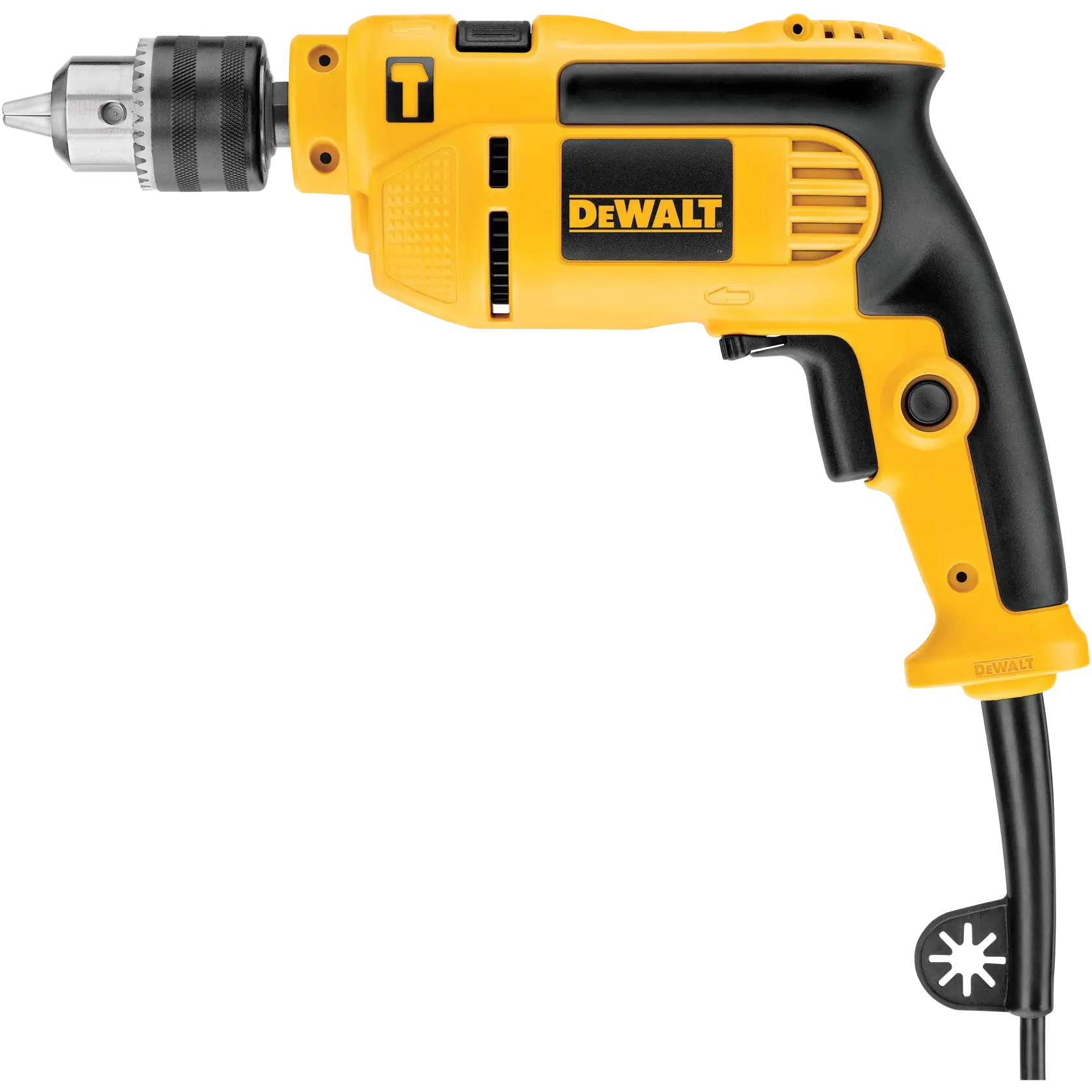 A yellow and black DEWALT corded electric drill with a pistol grip, metal chuck, and branded logo on the side.