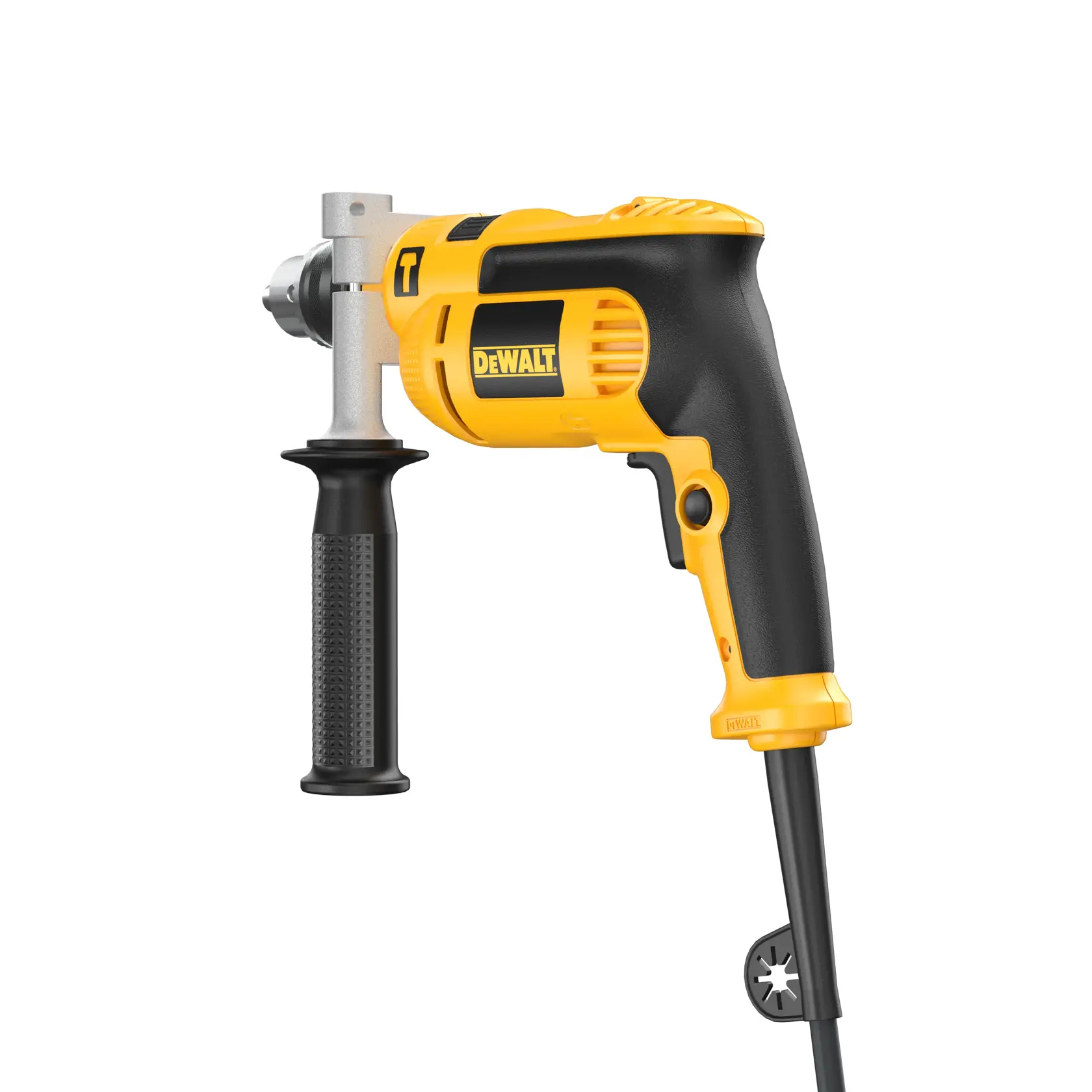 A yellow and black DEWALT corded power drill with a side handle, shown against a white background.