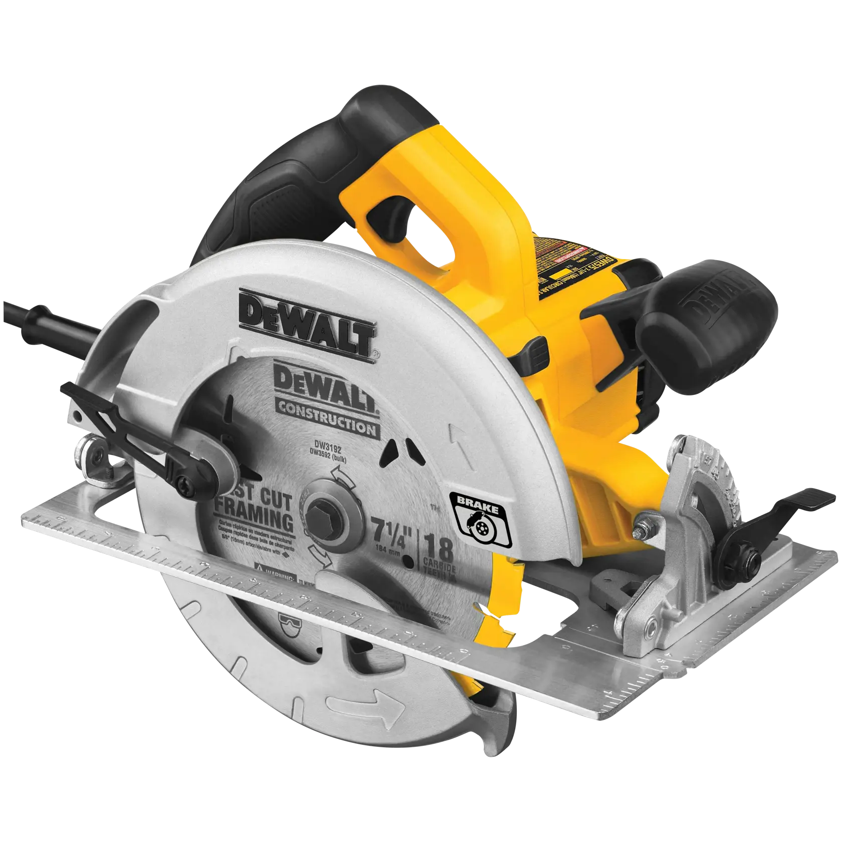 A yellow and black DEWALT branded corded circular saw, model DWE575SB, with a metal blade guard and framing blade attached.
