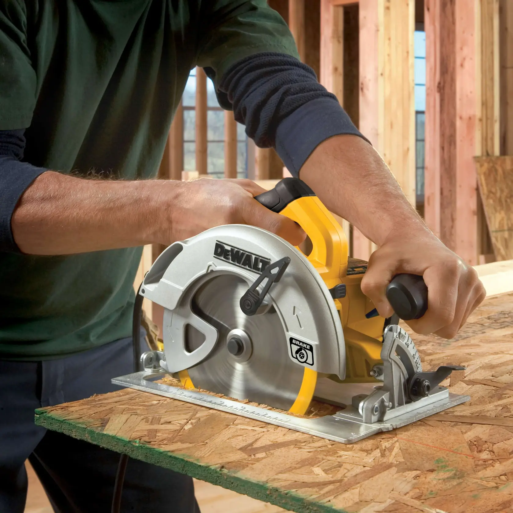A DEWALT DWE575SB circular saw is shown, highlighting features such as on-board wrench storage, lightweight at 8.8 lbs, 57-degree bevel capacity, and a 7-1/4 inch blade.
