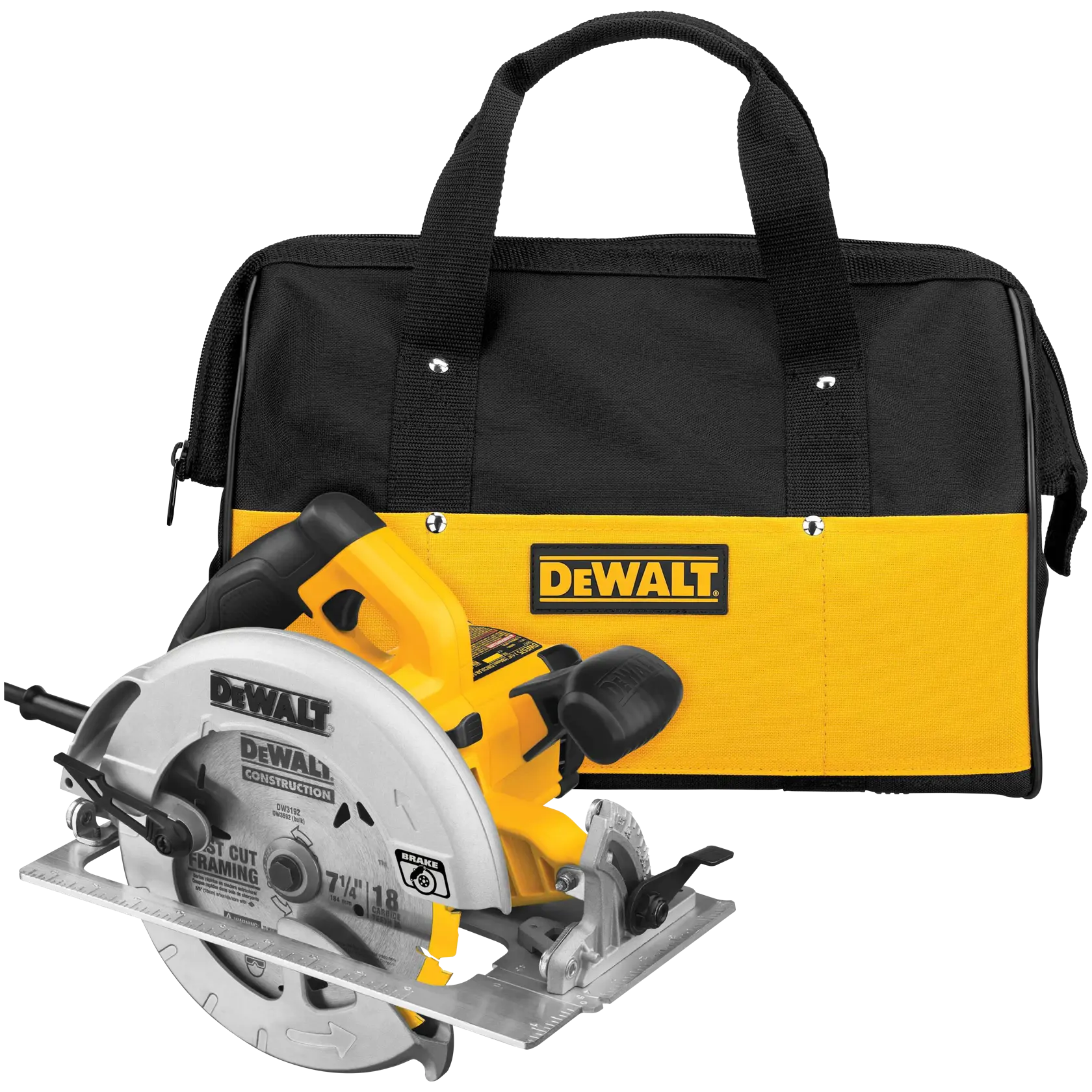 A DEWALT circular saw and a black and yellow DEWALT carrying bag are shown. The circular saw is positioned in front of the bag, with visible branding and sturdy handles.