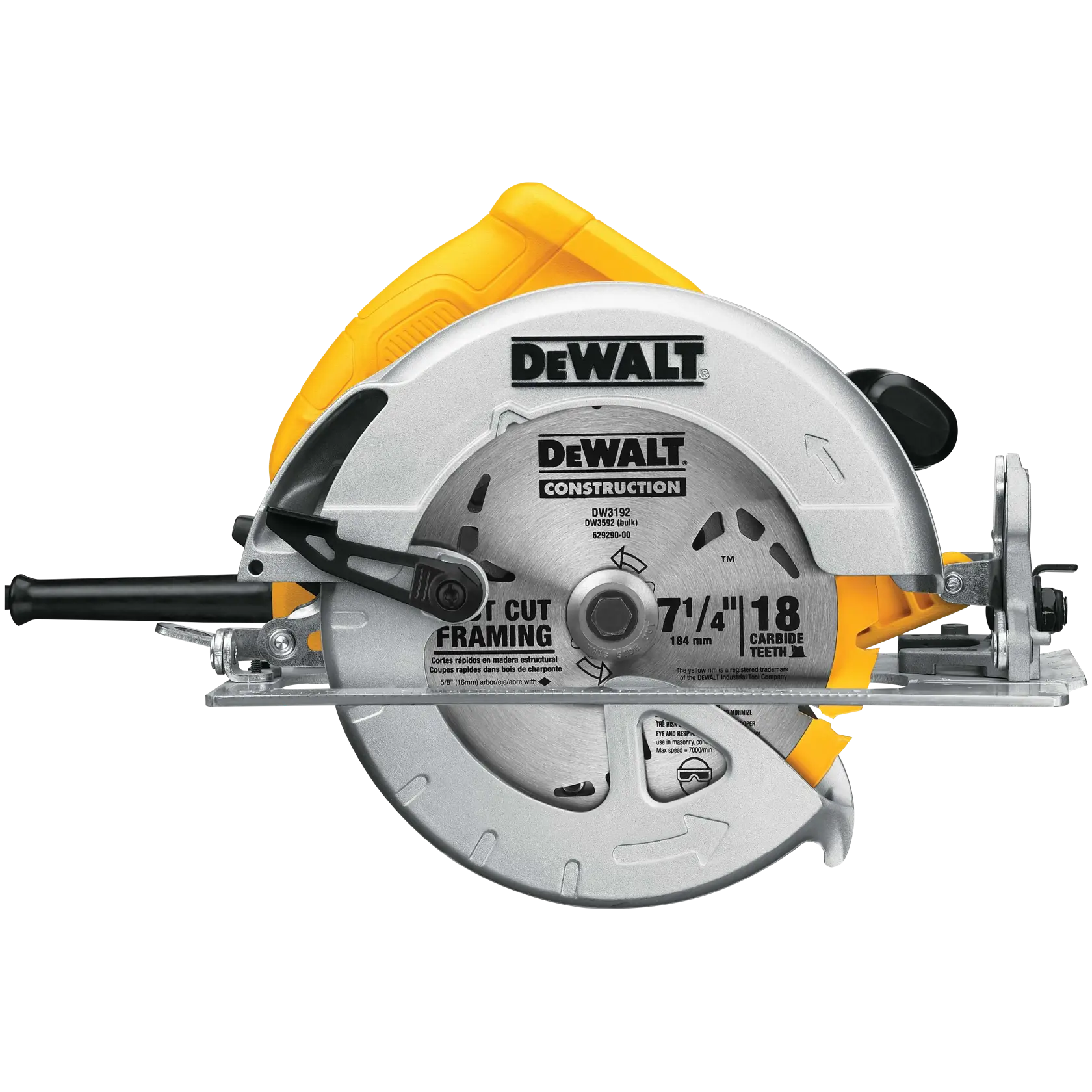 A DeWALT DWE575 circular saw, featuring a silver blade with carbide teeth, yellow and black handle, and construction framing details.