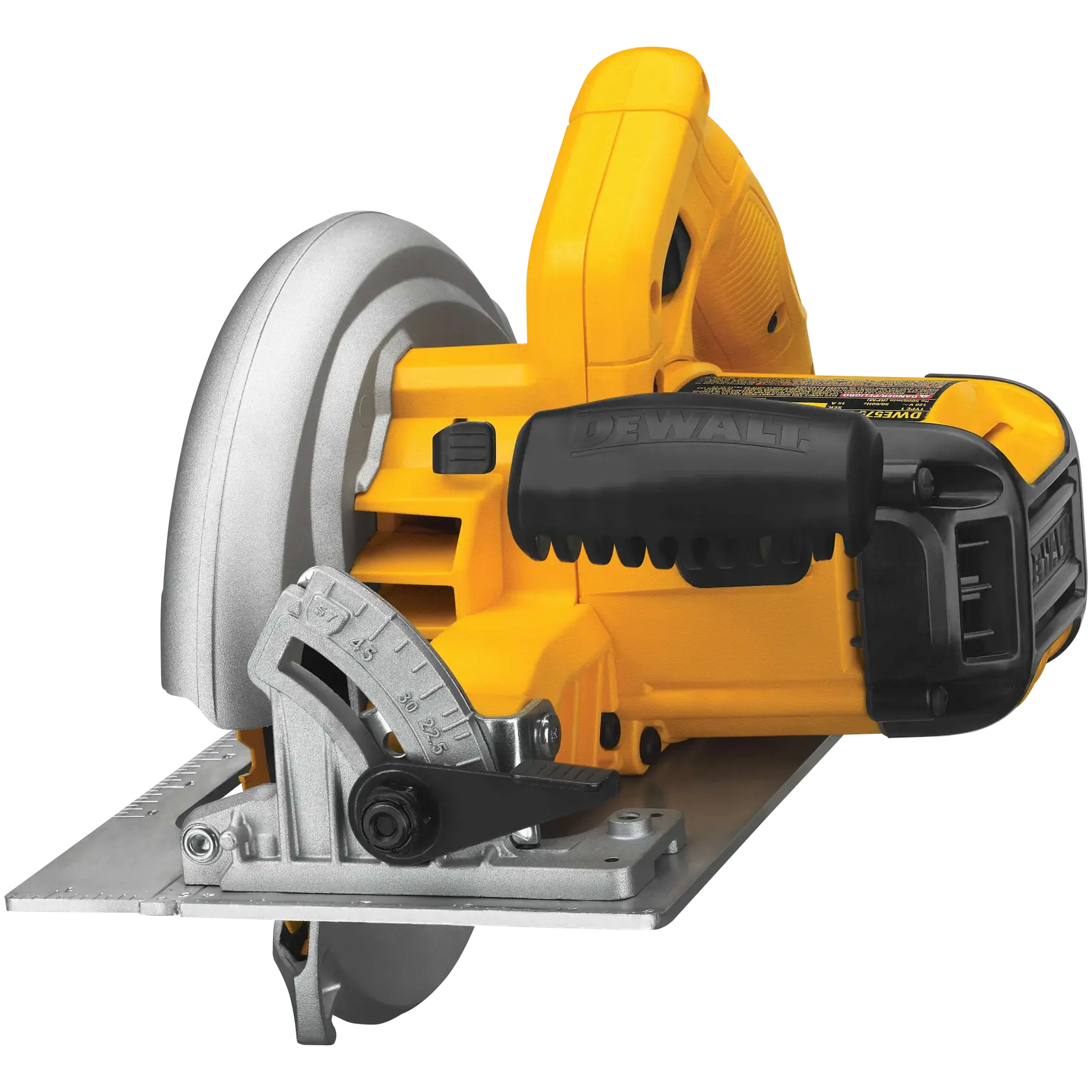 A DEWALT DWE575 circular saw with a yellow and black body, featuring a metal blade guard and adjustment mechanism, designed for precision woodworking and cutting tasks.