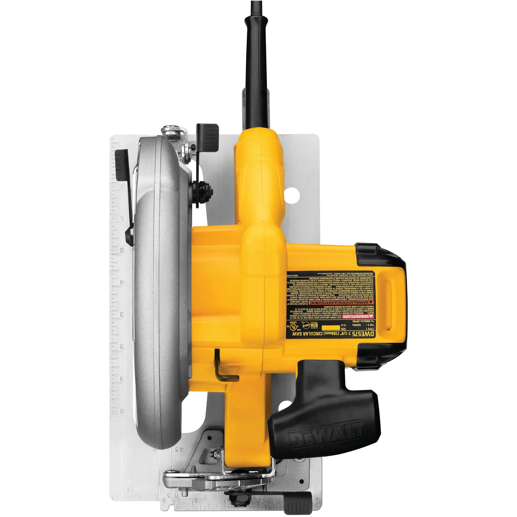 Top view of a DEWALT DWE575 circular saw, showing its yellow body, handle, metal blade guard, and base plate.