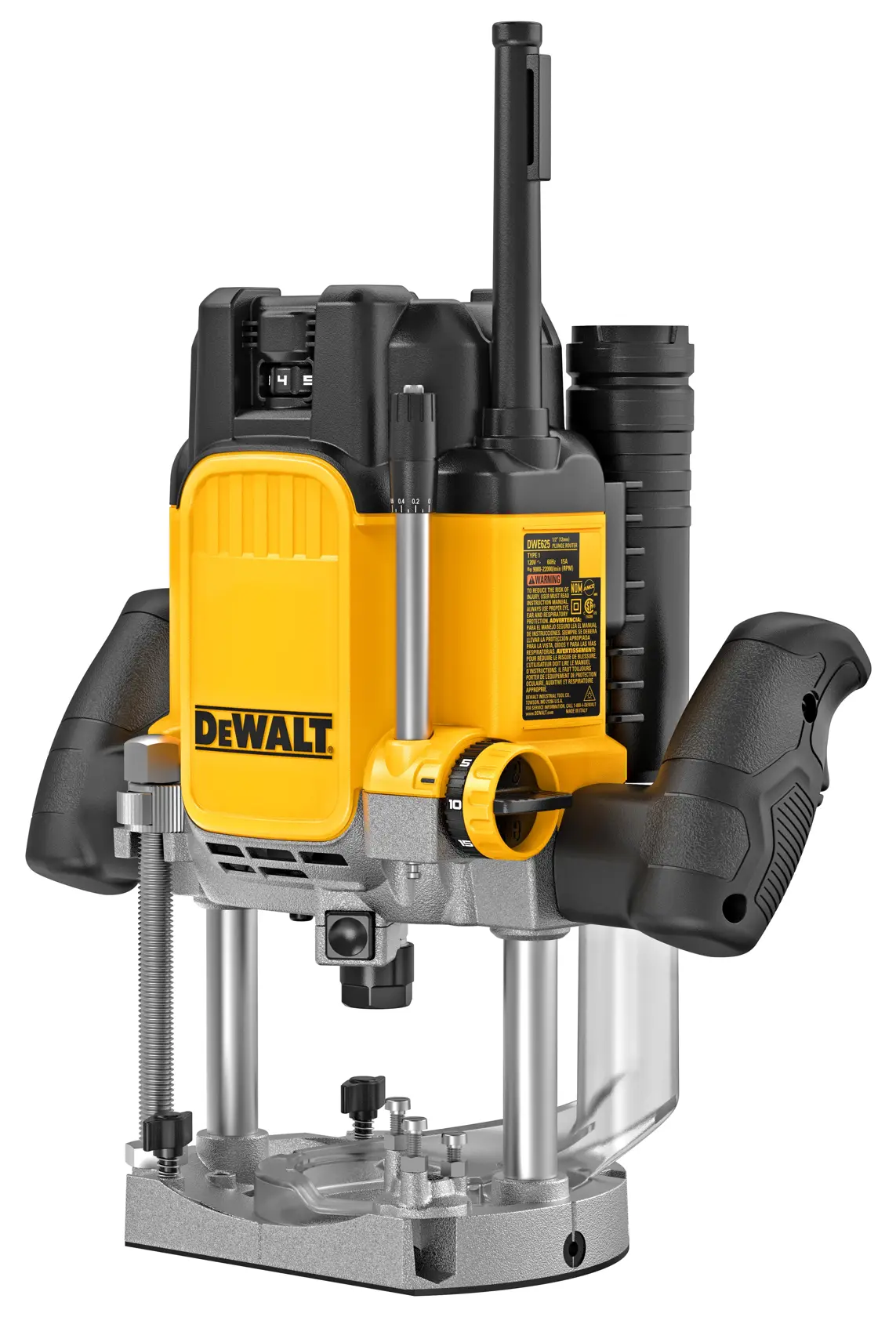 DEWALT router tool for photography, models DWE625-QS, DWE625. Yellow body, black handles.