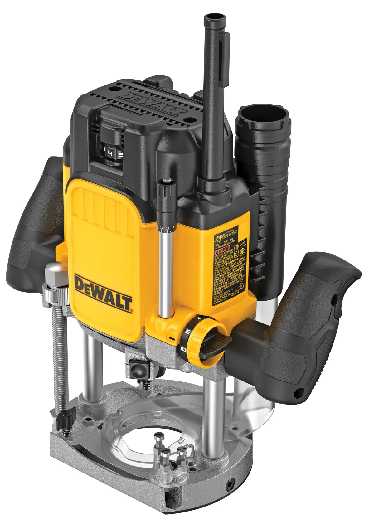 DEWALT router for photography, models DWE625-QS and DWE625. Yellow and black, handles, metal base.