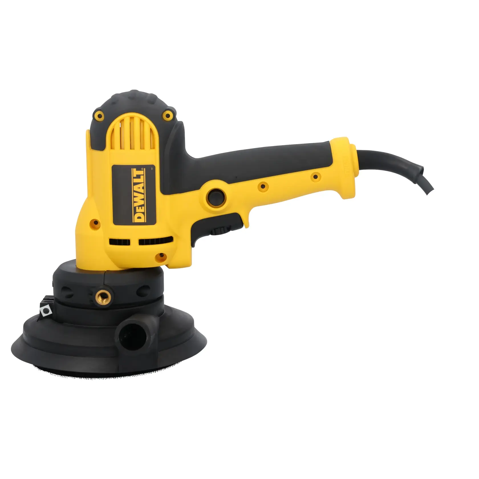 A DEWALT electric sander with a yellow and black body, featuring a large handle and a round sanding pad, designed for woodworking and surface finishing tasks.