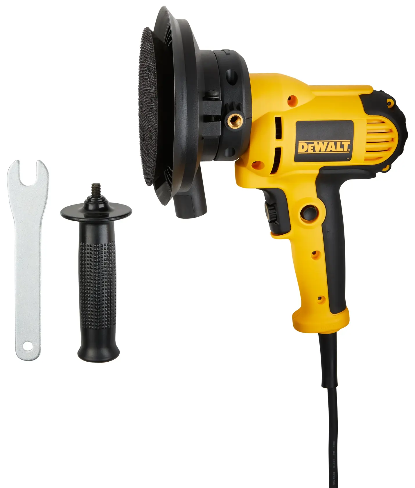 A yellow and black DEWALT electric sander with a side handle and wrench shown on a white background.