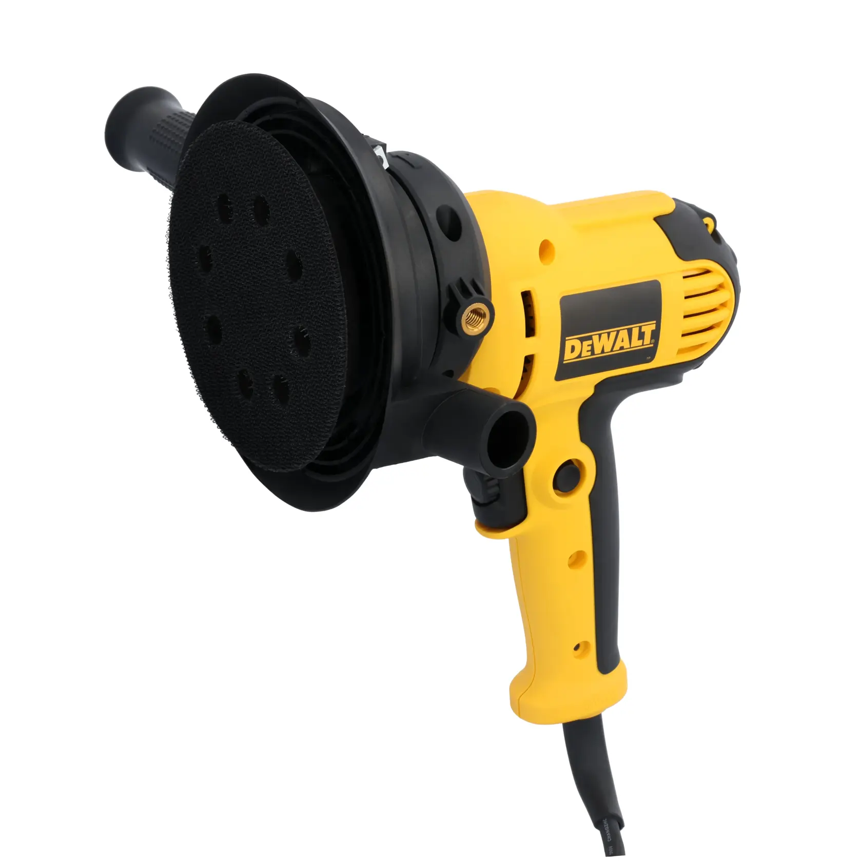A DEWALT DWE6401DS electric handheld sander with a yellow and black design, featuring a round sanding pad and auxiliary handle.