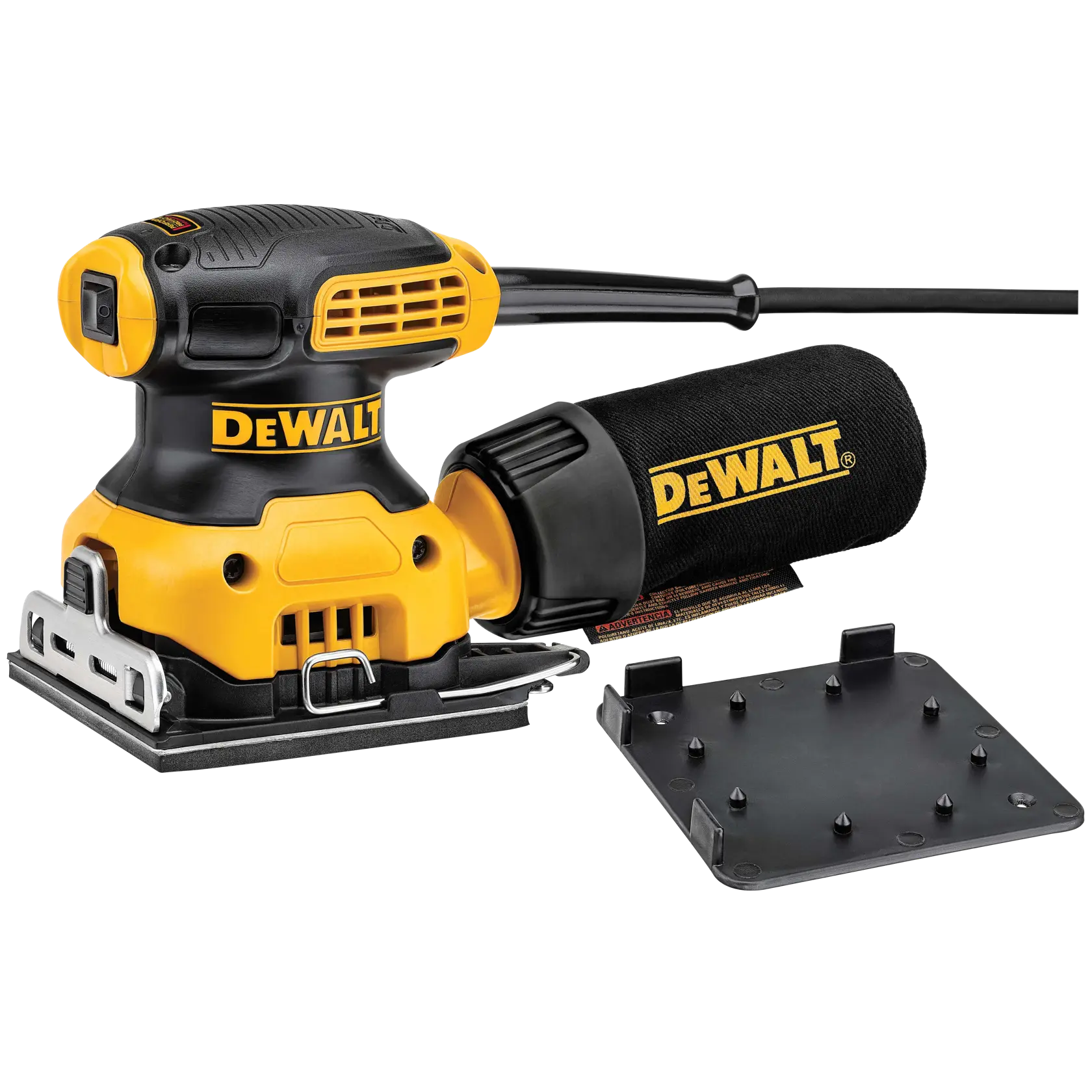 A DEWALT DWE6411K electric palm sander, featuring a yellow and black design, shown with a dust collection bag and an additional sanding plate attachment.