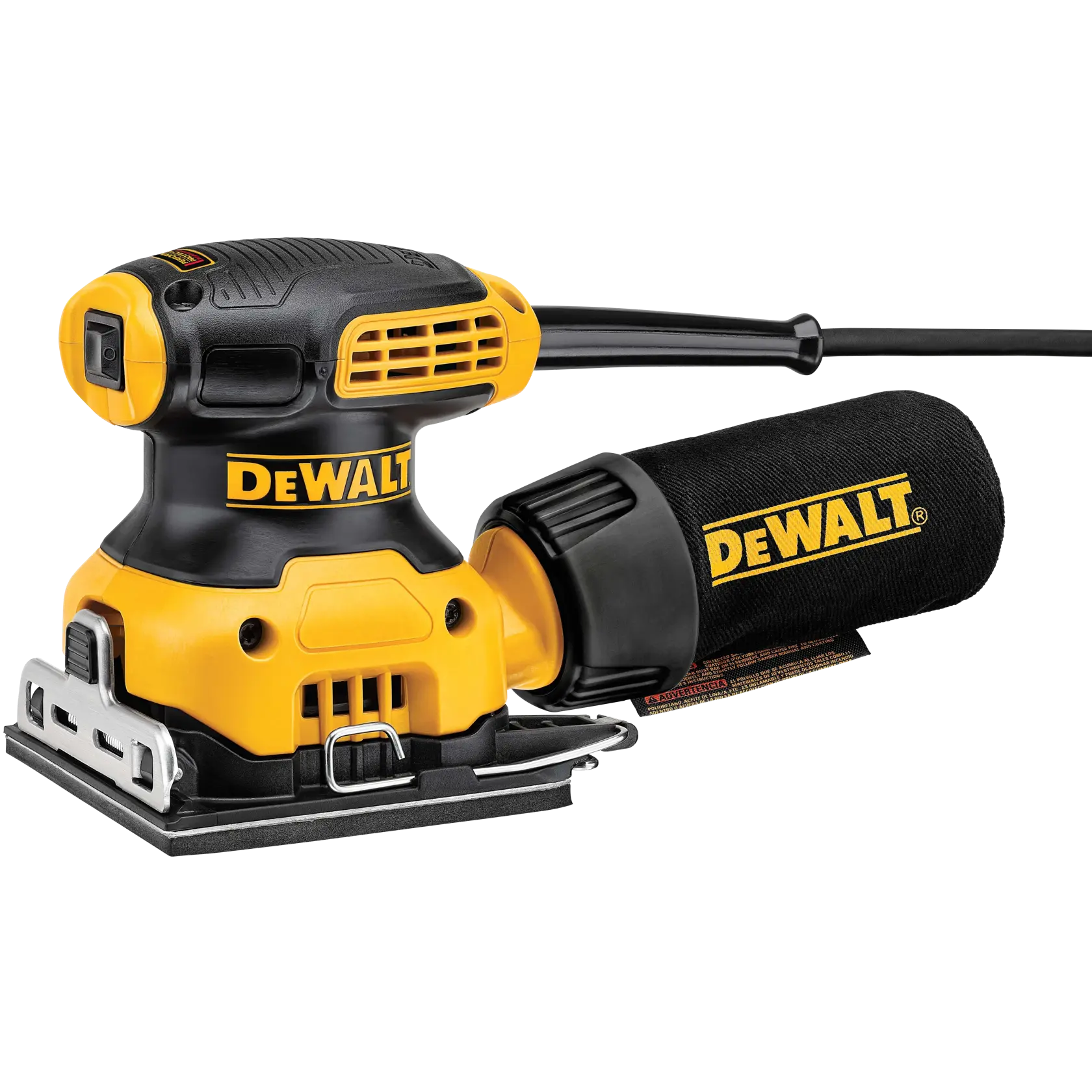 A DEWALT branded electric palm sander with a dust bag attached, featuring a yellow and black design. The tool is positioned on a white background.