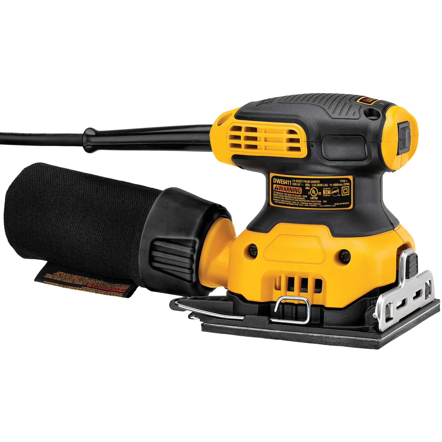 A DEWALT DWE6411K electric palm sander in yellow and black color, featuring a dust collection bag and a rectangular sanding base.