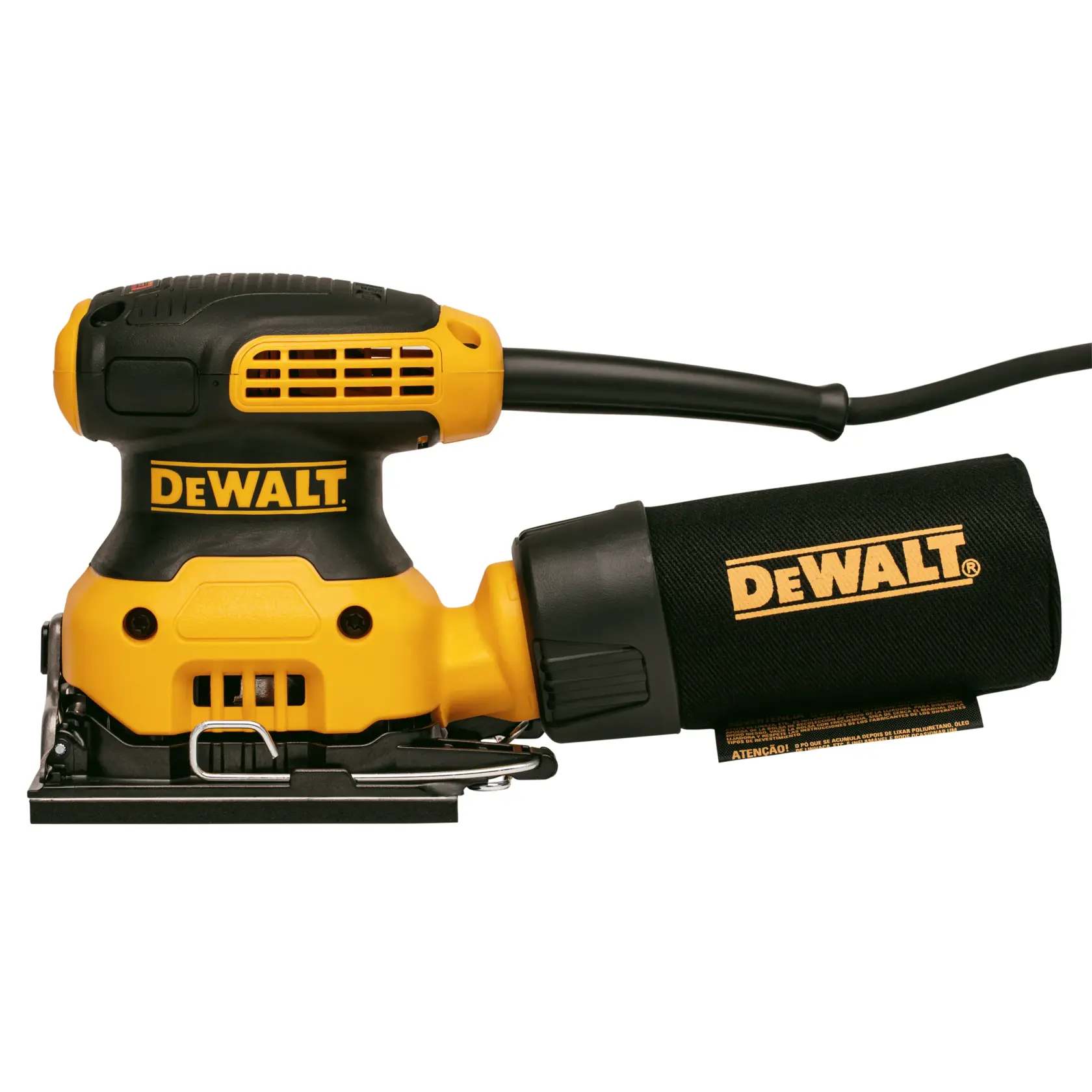 A yellow and black DEWALT electric palm sander with a dust collection bag and power cord attached, shown against a white background.