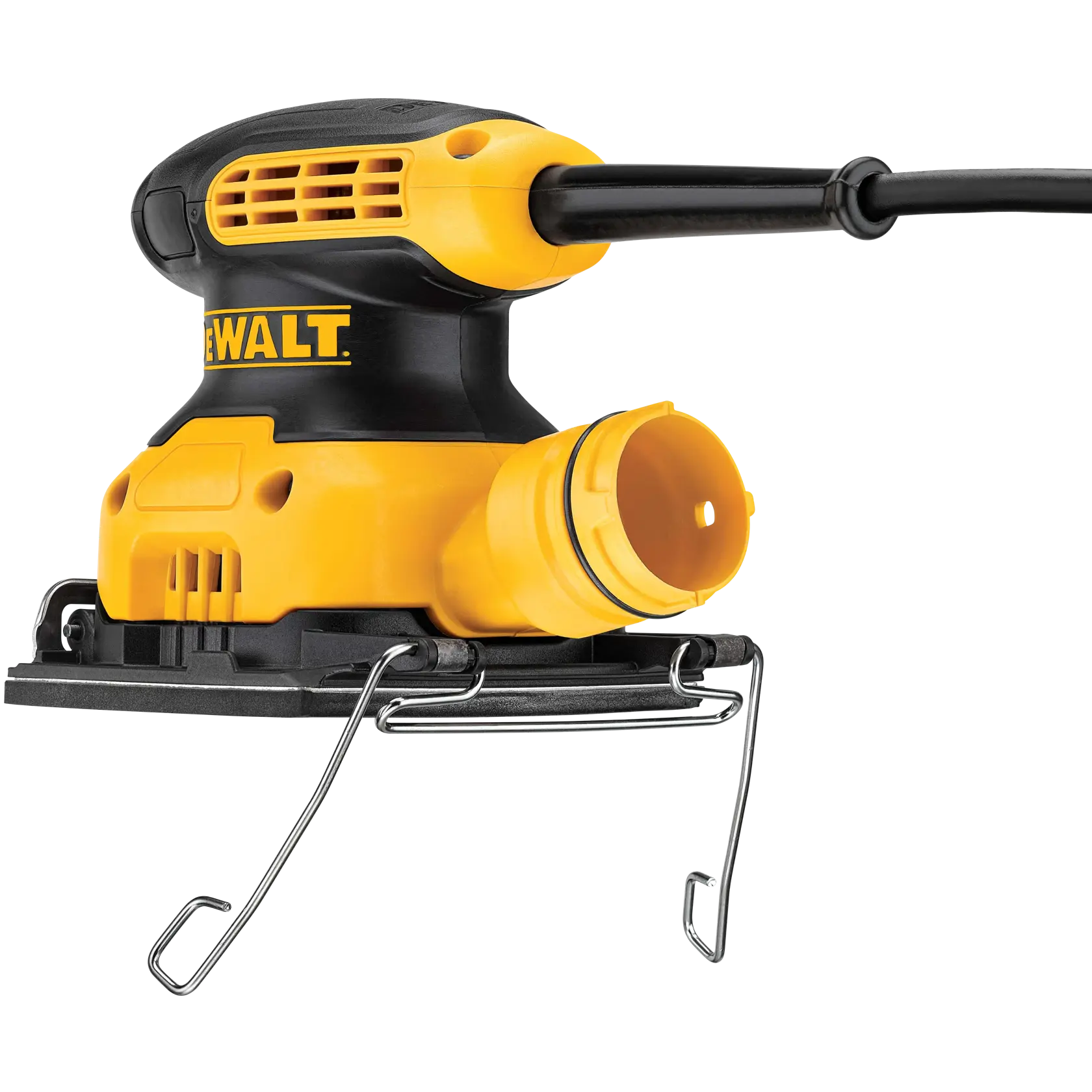 Close-up view of a DEWALT electric hand sander with a yellow and black body, dust port, and attached cord. The sander is positioned with metal clips visible at the base.