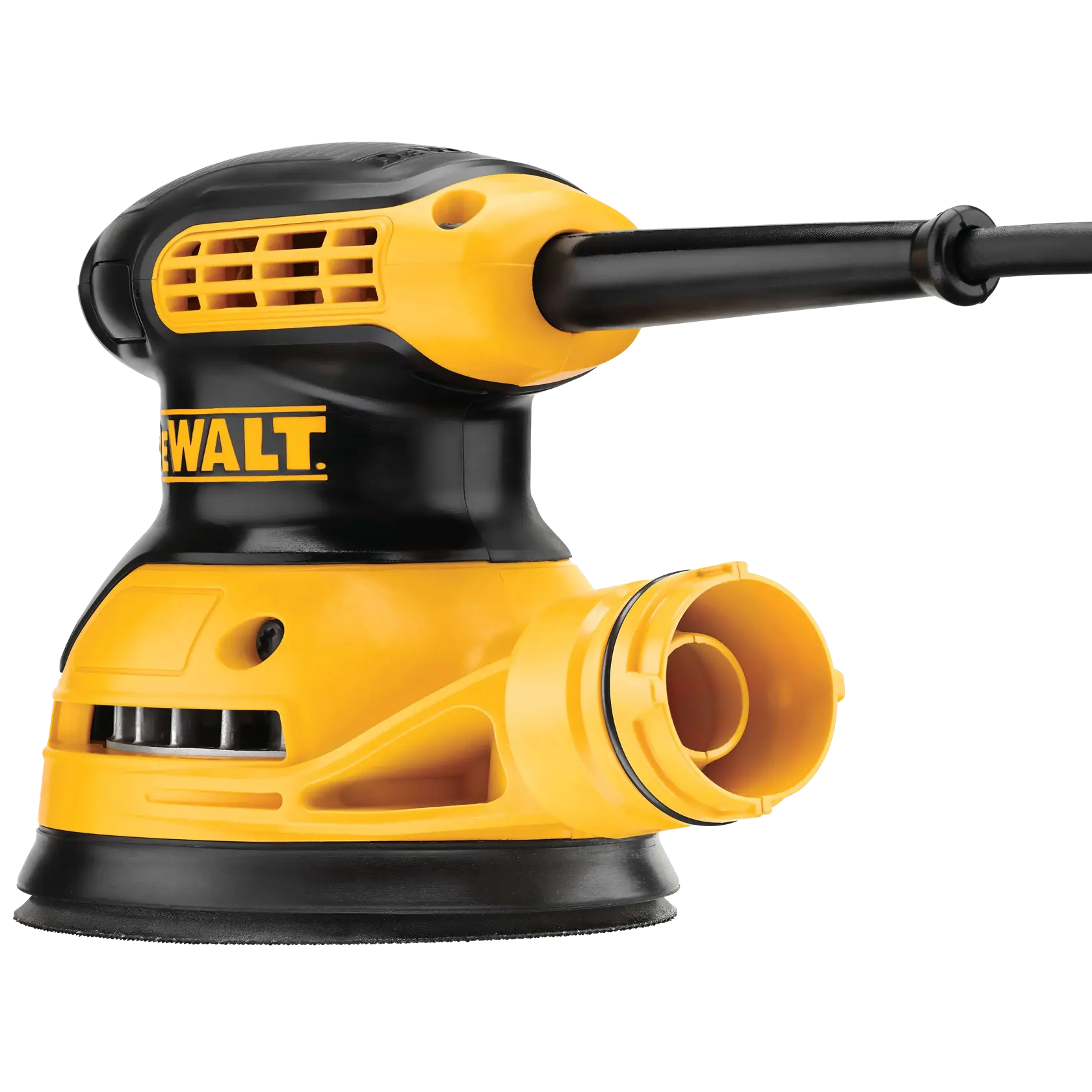 A close-up view of a DEWALT DWE6421 yellow and black electric hand sander, showing its ventilation grill, power cord, and round sanding pad.