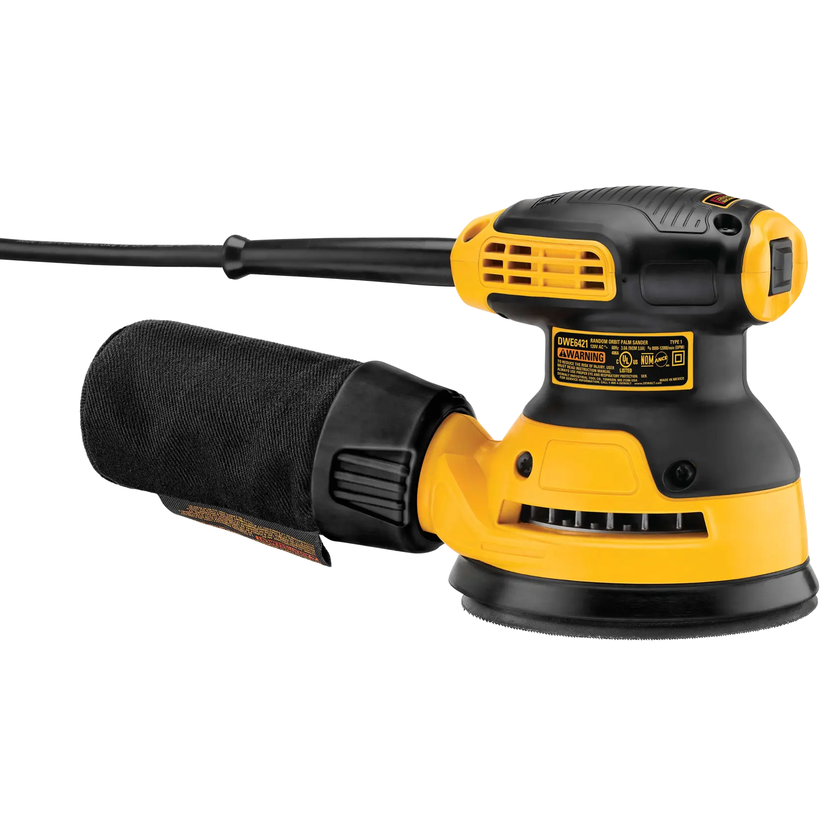 A DEWALT DWE6421 electric random orbit sander in yellow and black with a dust bag attached, shown against a white background.