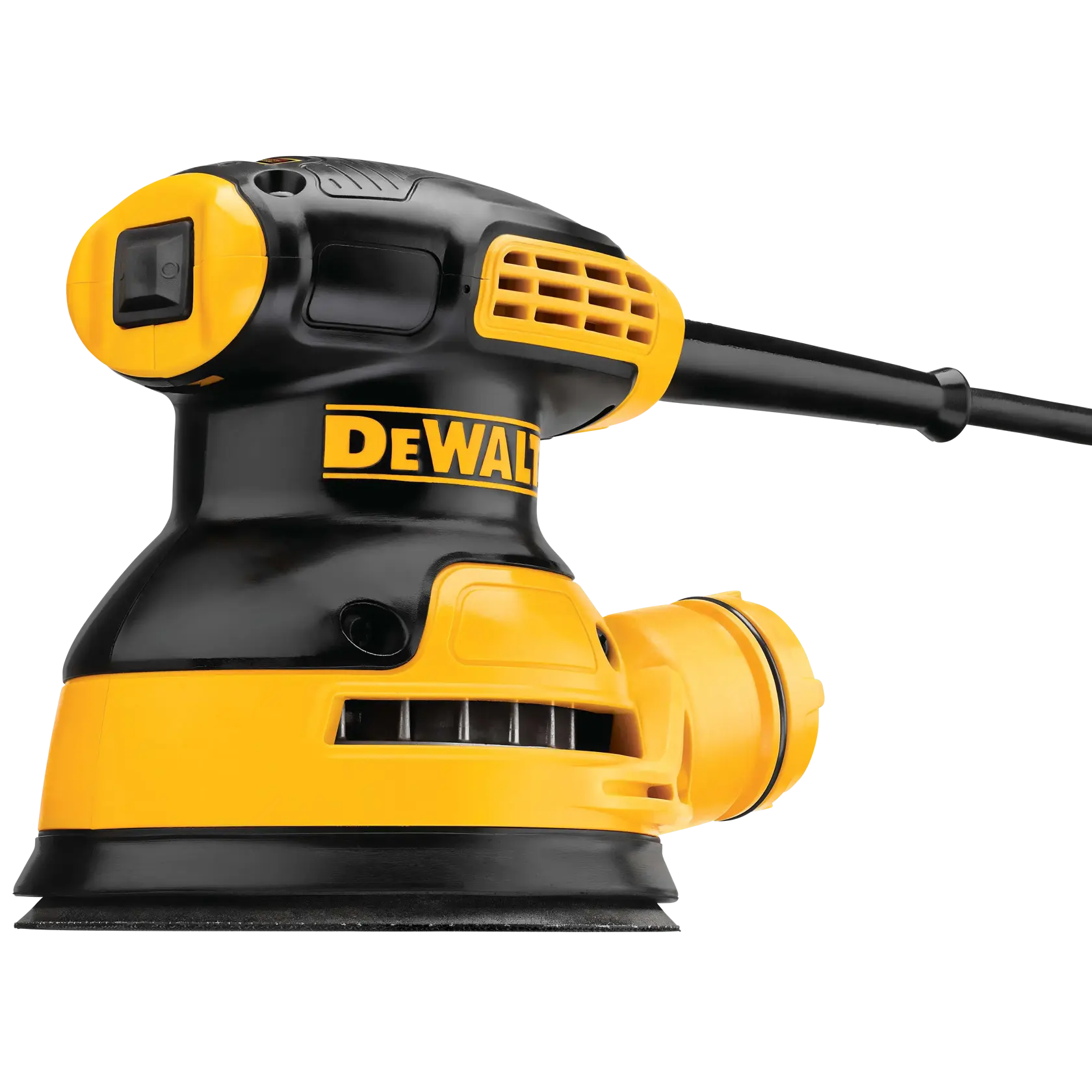 A close-up view of a DEWALT DWE6421 electric sander, featuring a compact design with black and yellow housing, power switch, and dust collector attachment.