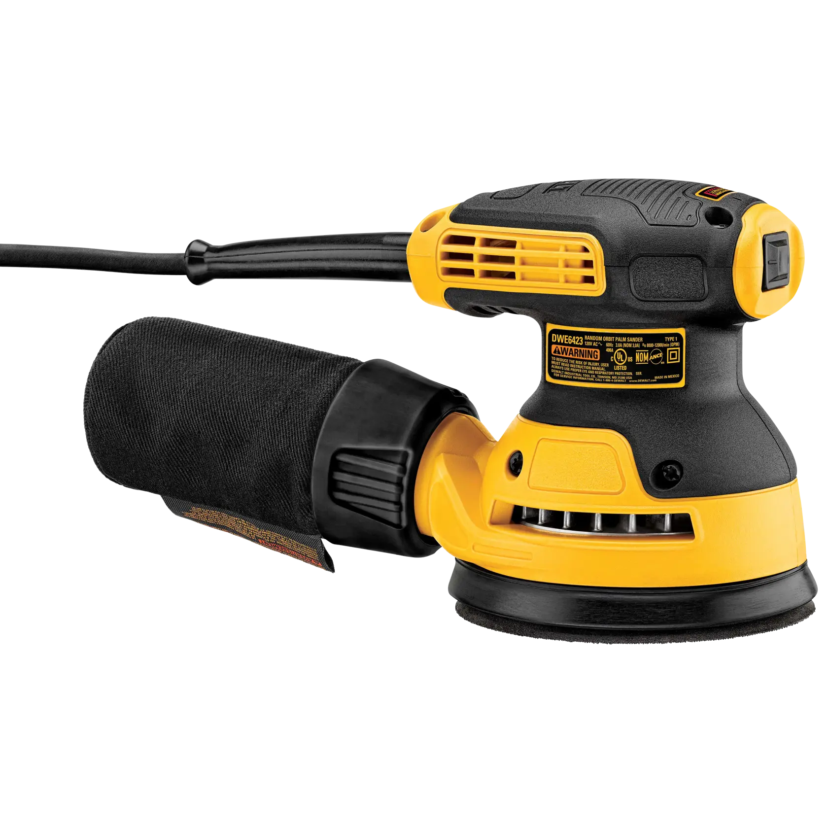 A DEWALT DWE6423K random orbit palm sander with a dust bag attached. The tool has a black and yellow design, a round sanding pad, and a power cord.