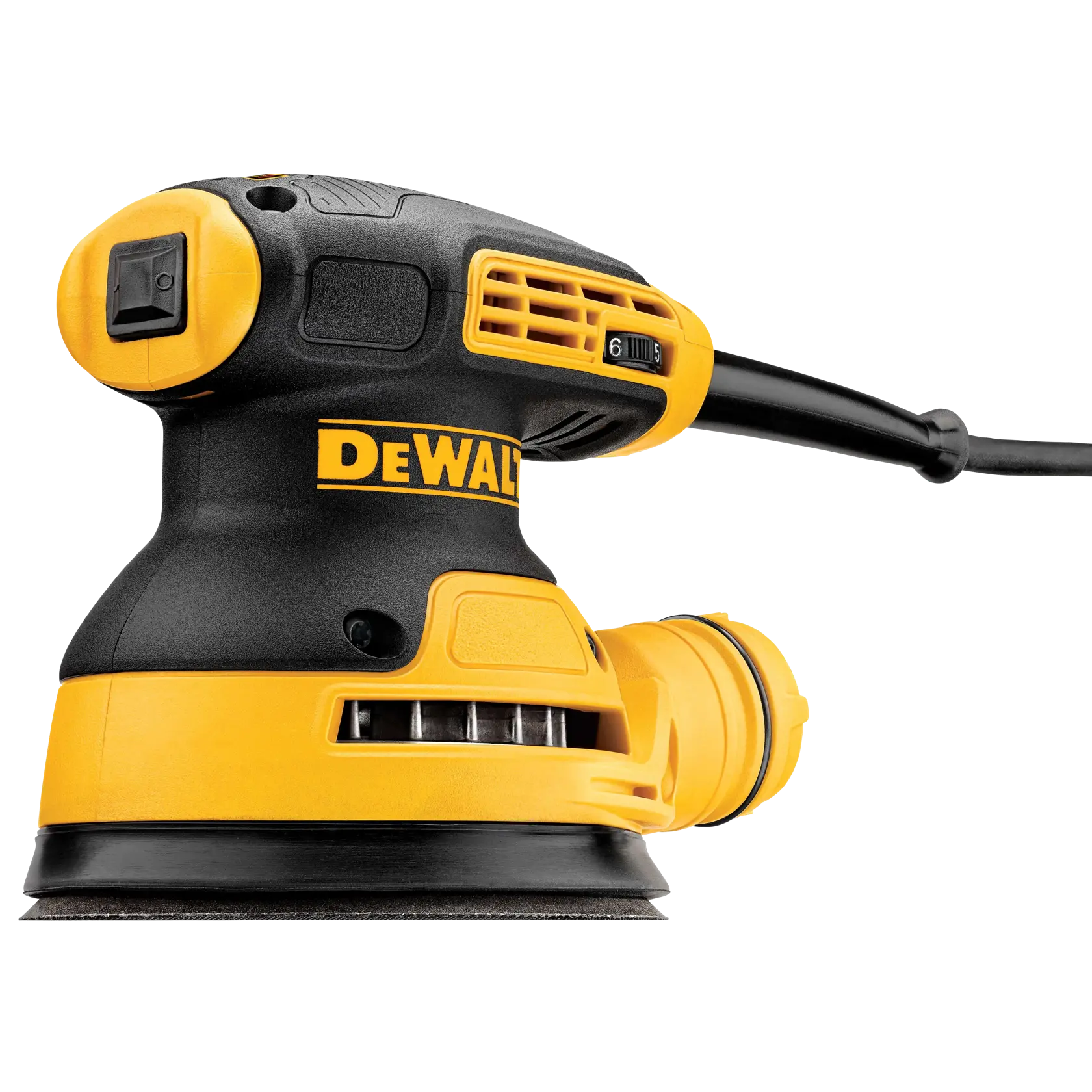 DEWALT DWE6423K random orbital sander in yellow and black color, showing its side profile and power cord.
