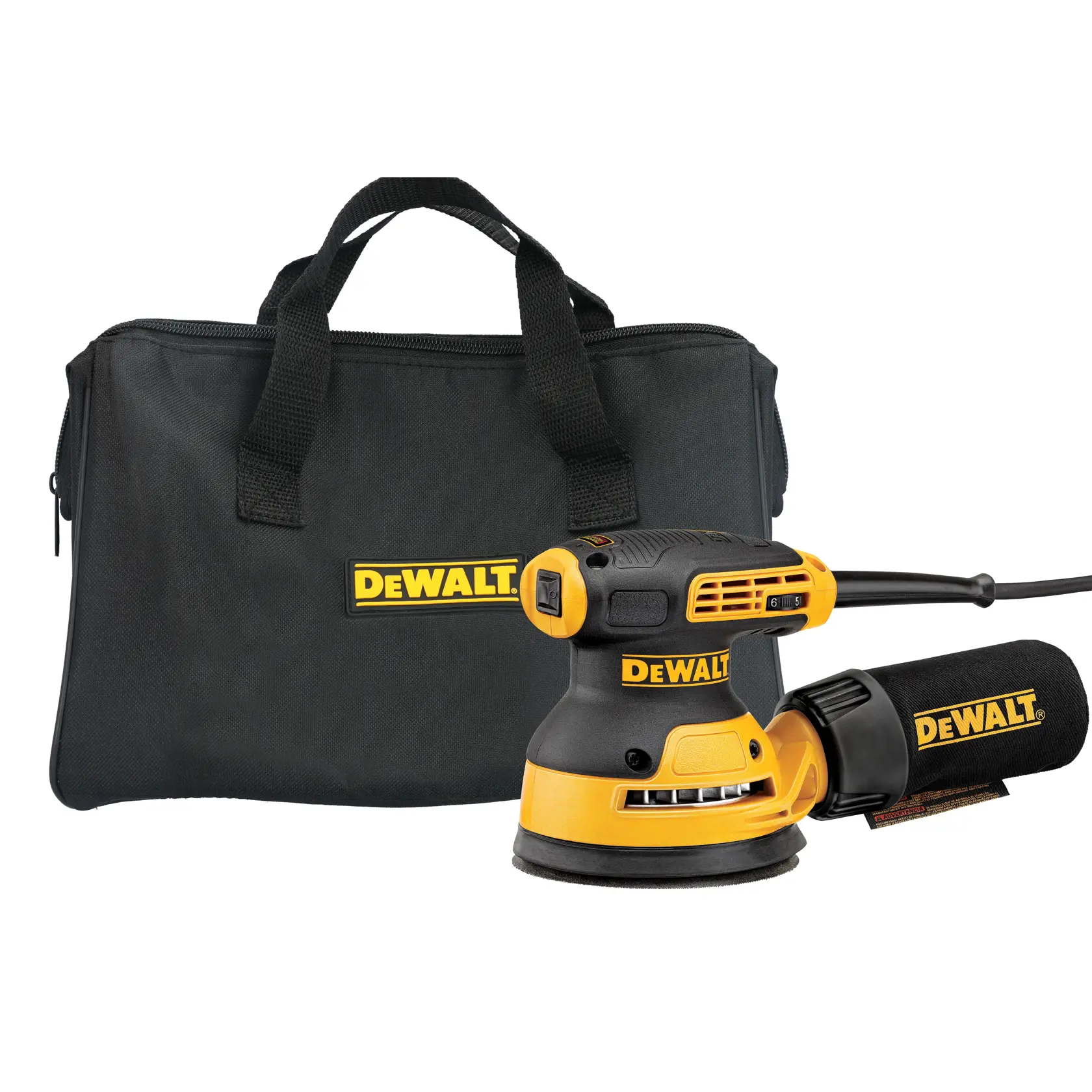 DEWALT random orbital sander with a dust bag and a black carrying case, both featuring the DEWALT logo.